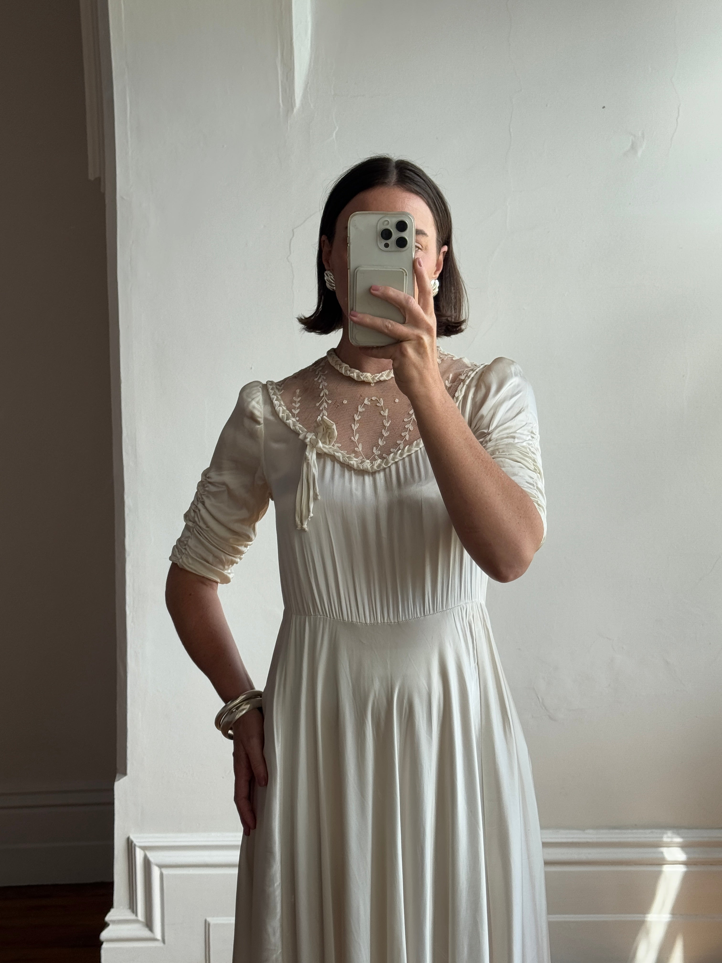 Vintage 50s Liquid Satin Wedding Dress With Lace