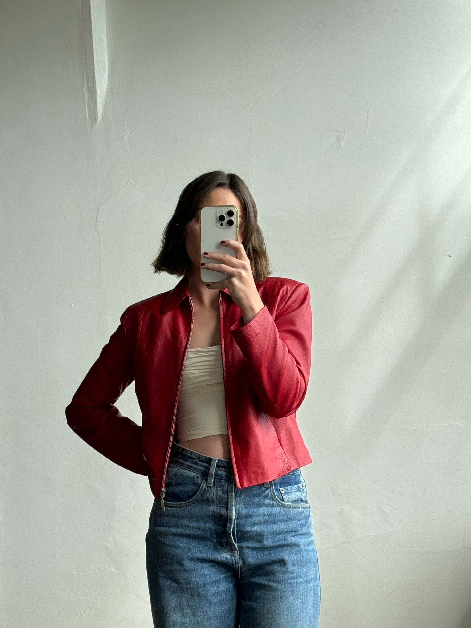 Vintage 90s Zip Front Leather Jacket Red