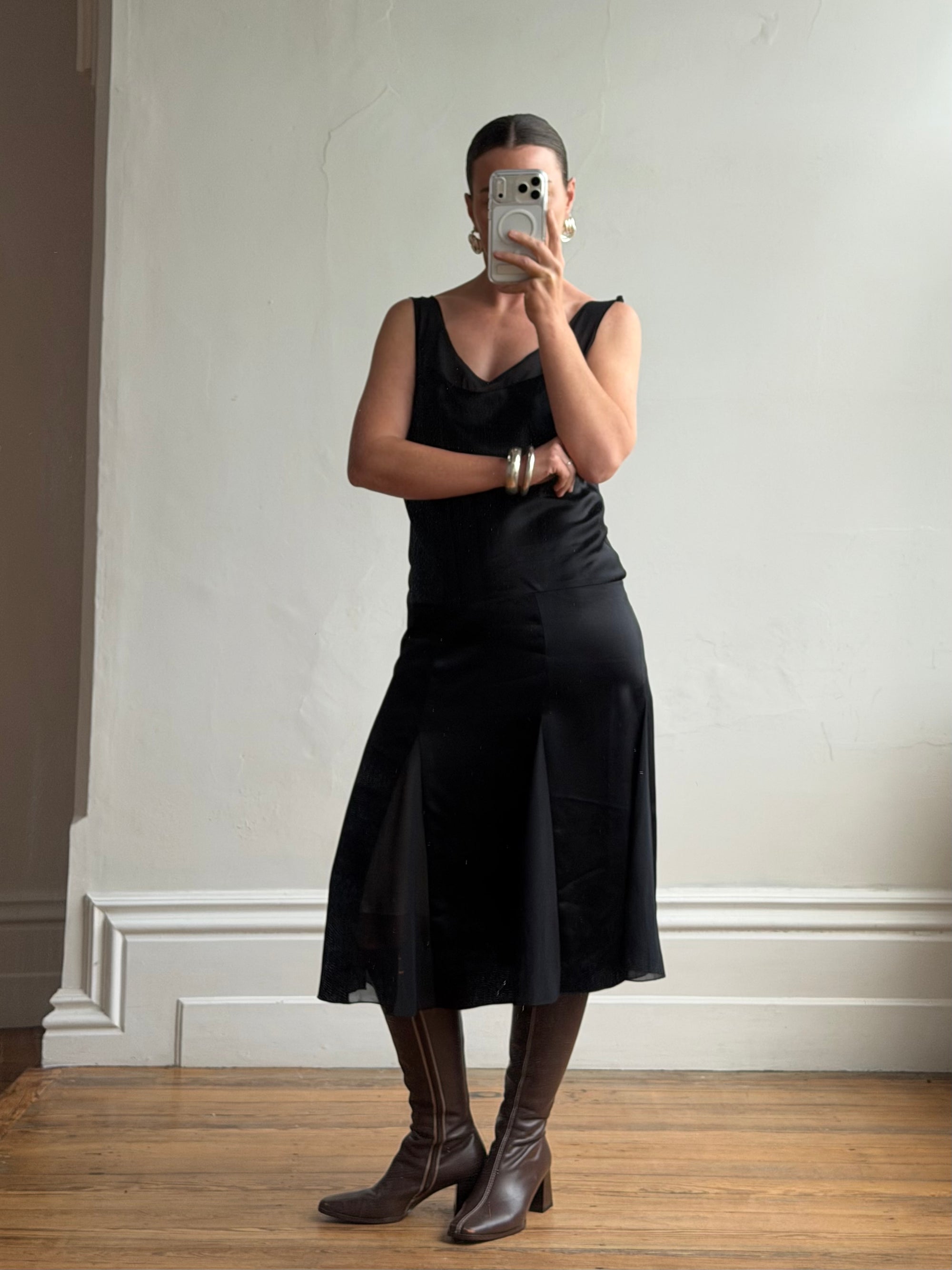 Vintage 90s Satin Drop Waist Midi Dress Noir