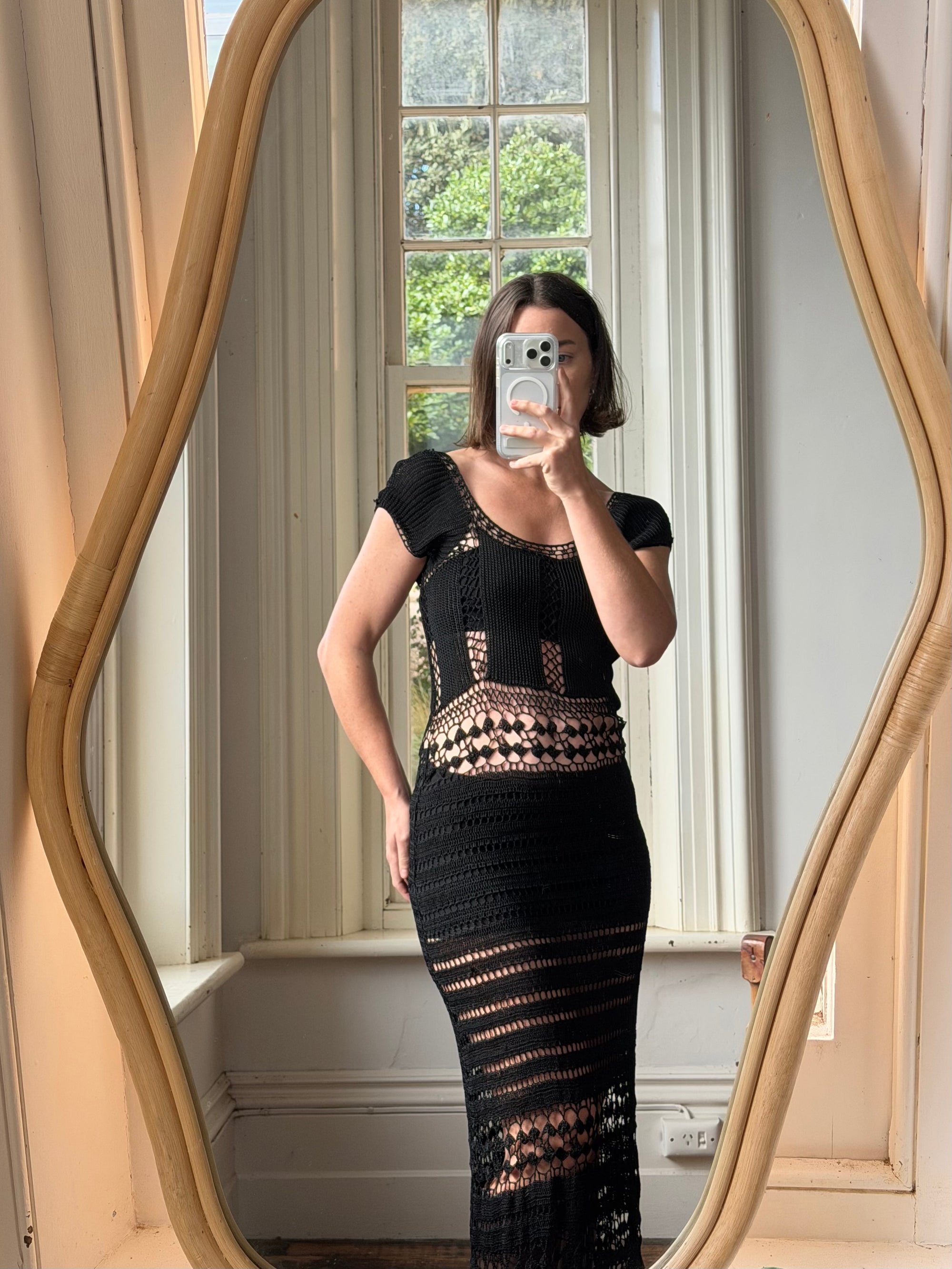 Vintage 70s Crochet Knit Cap Sleeve Midi Dress