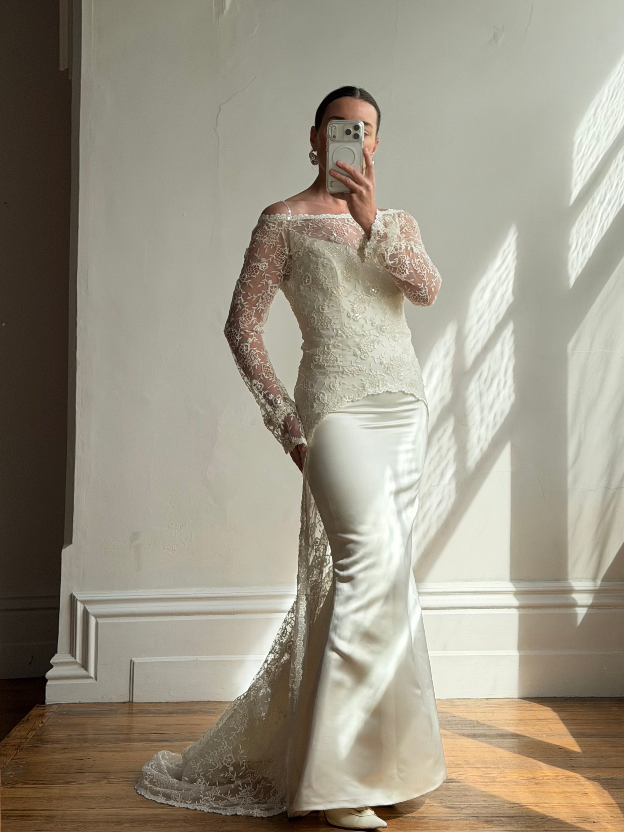 Vintage 90s Italian Beaded Lace and Satin Wedding Gown