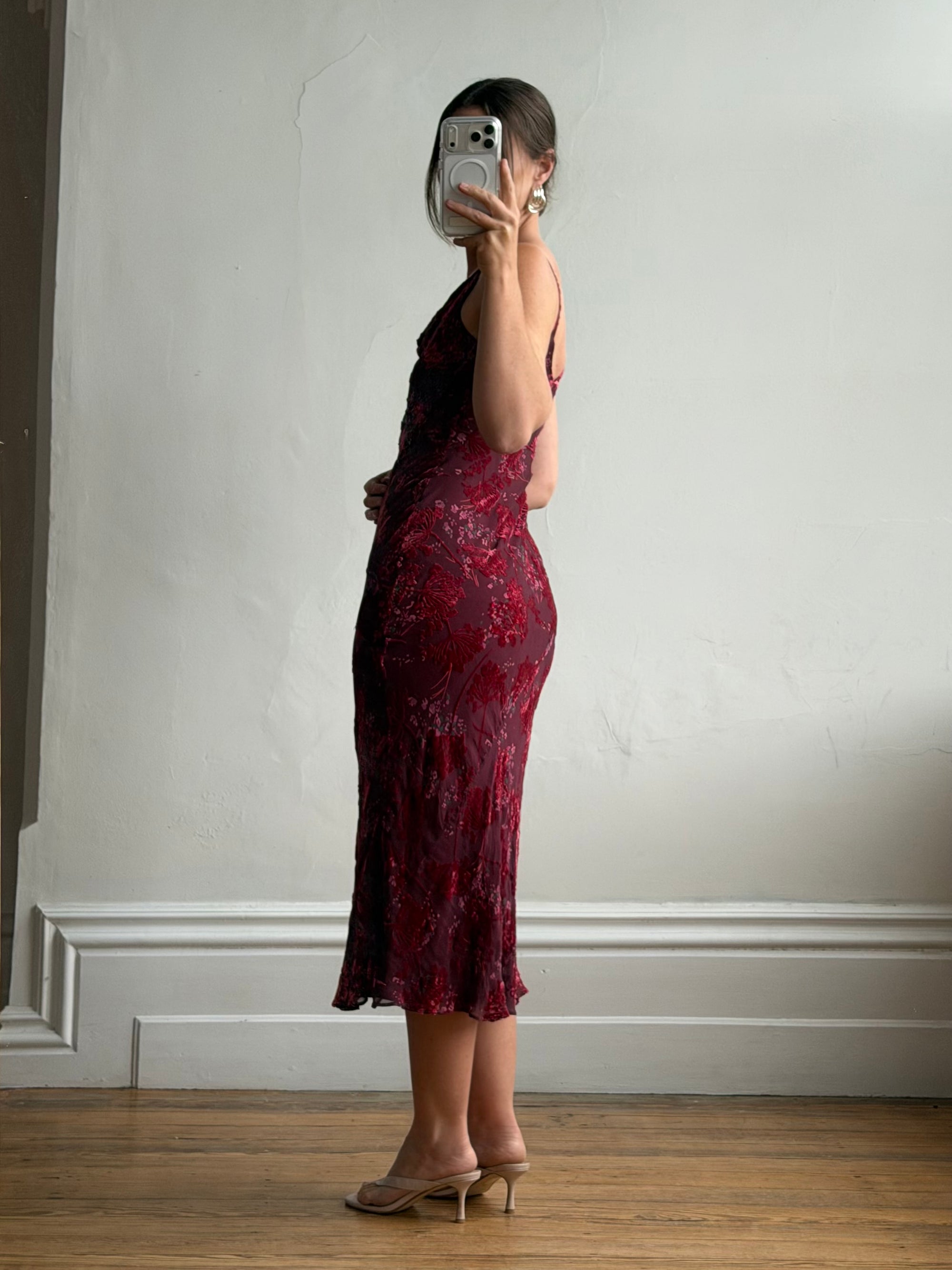 Vintage 90s Burnt Velvet Cowl Neck Dress Plum