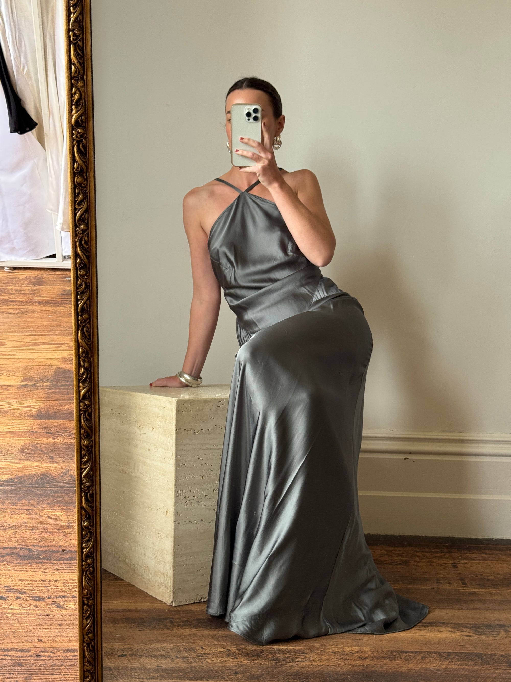 Vintage 90s Slinky Halter Bias Slip Gown Gunmetal