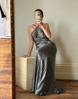 Vintage 90s Slinky Halter Bias Slip Gown Gunmetal
