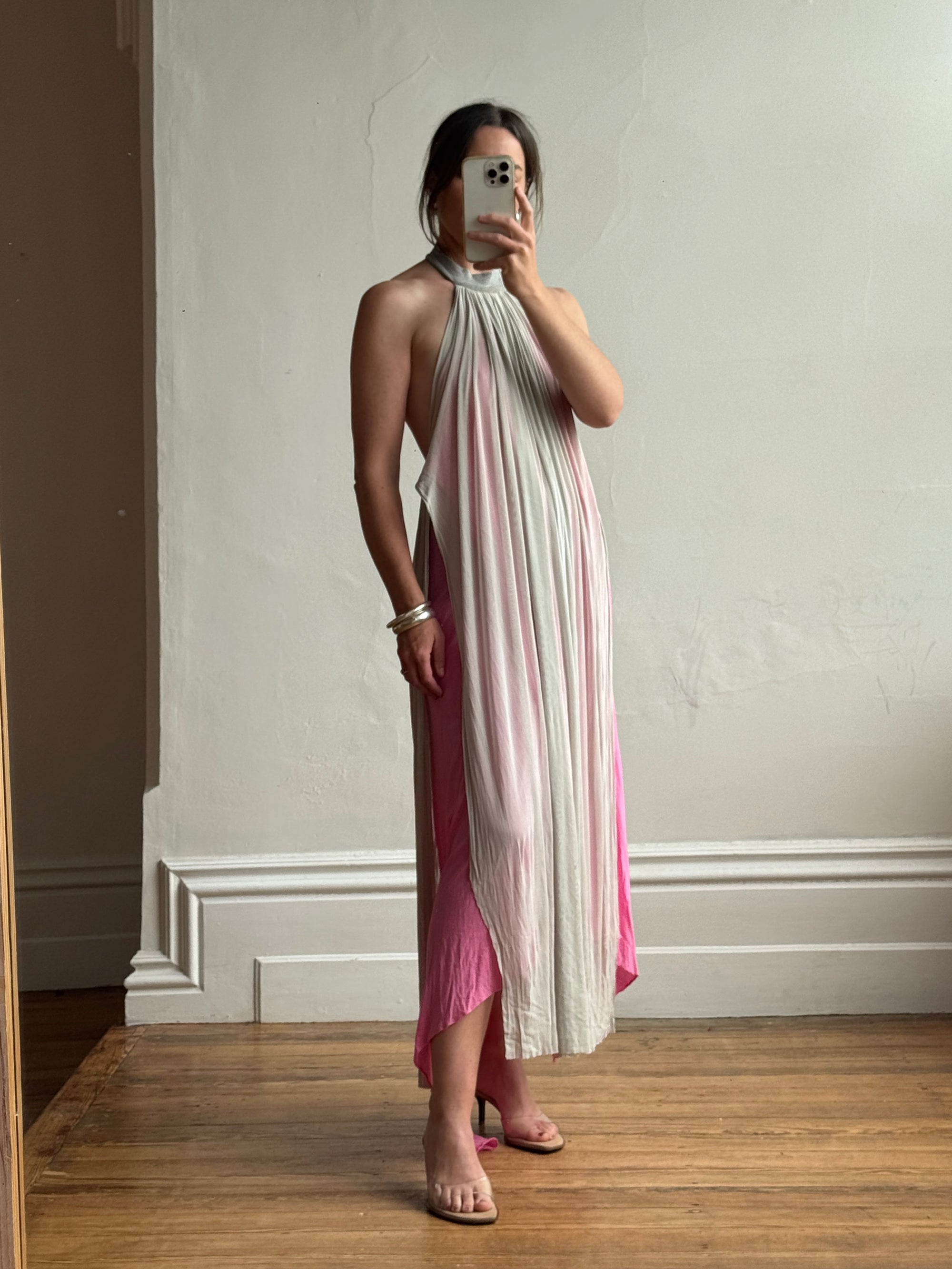 Vintage Y2K Mesh Silk Halter Dress Hot Pink