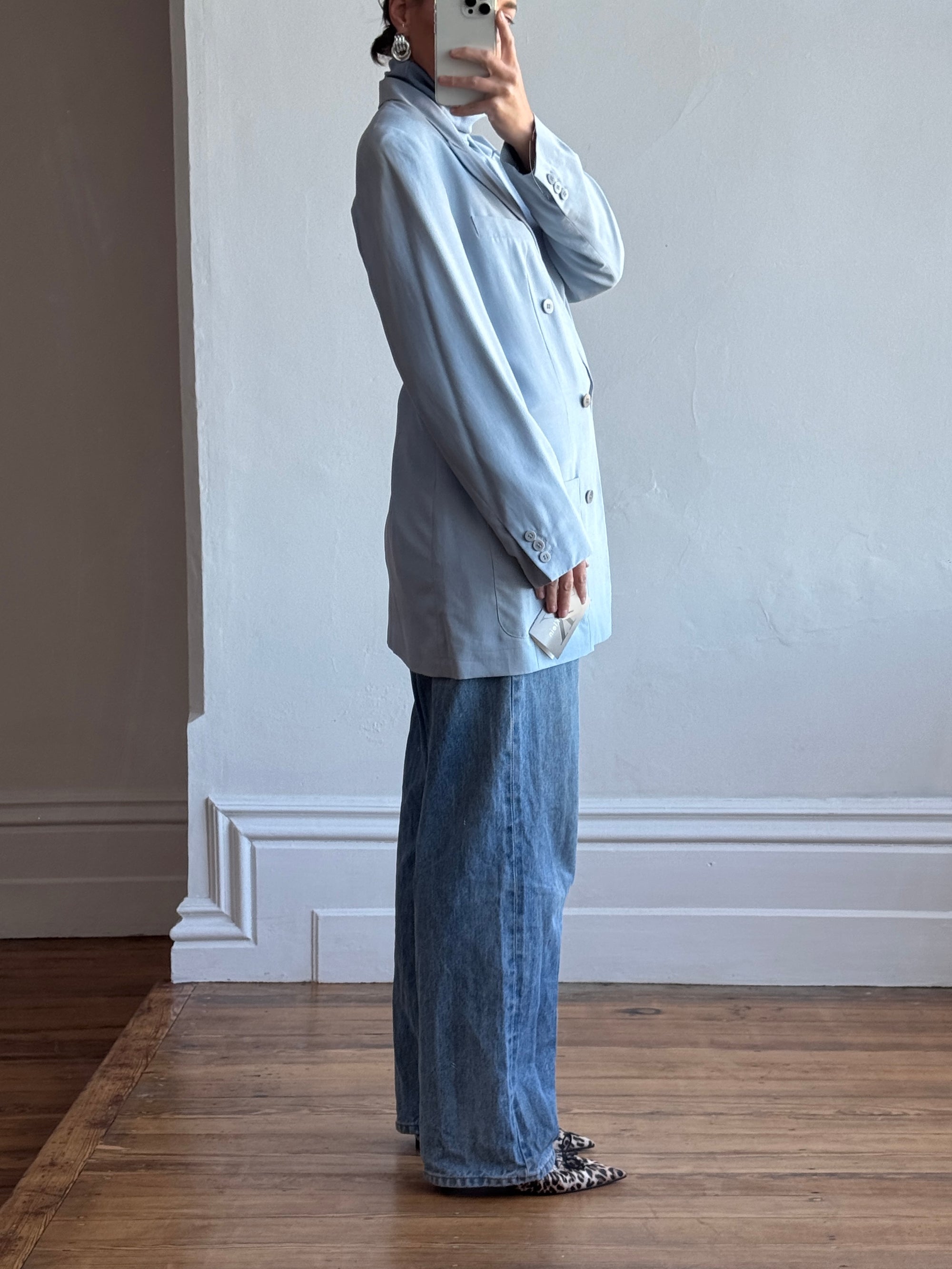 Vintage 90s Calvin Klein Pure Silk Double Breasted Blazer Dusty Blue