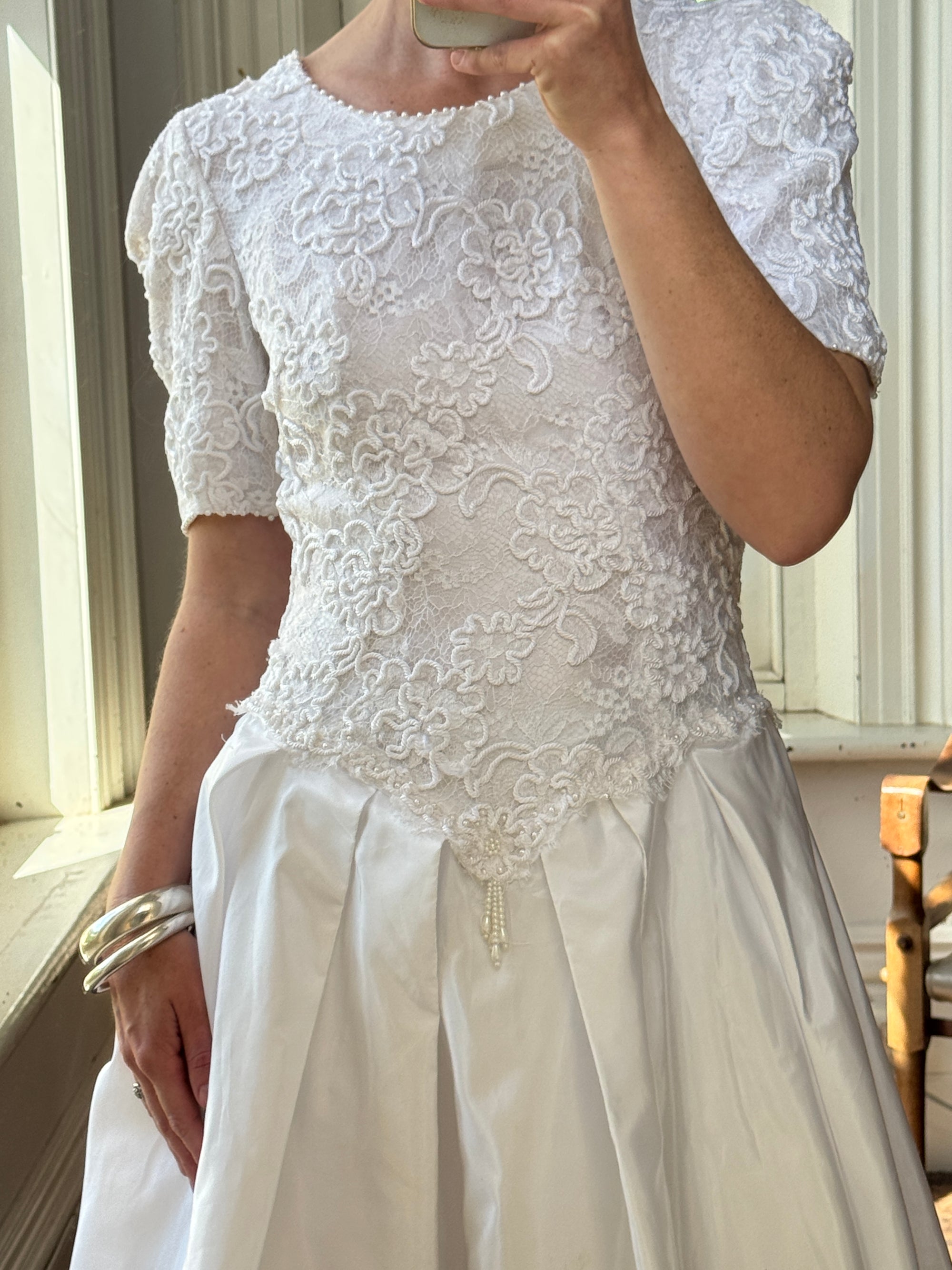 Vintage 80s Rope Embroidered Taffeta Wedding Gown