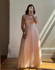 Vintage 60s Chiffon Gathered Pale Pink Maxi Gown