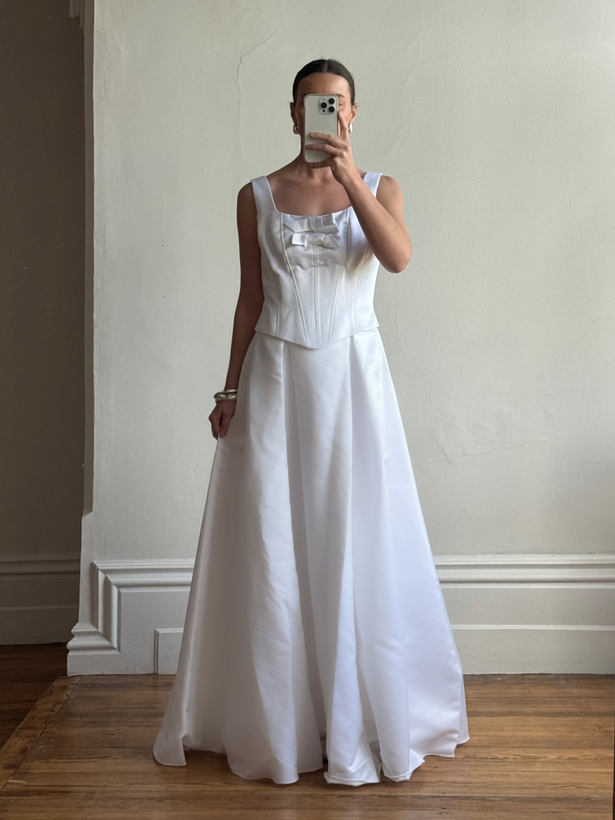 Vintage 90s White Satin Double Bow Two Piece Wedding Gown