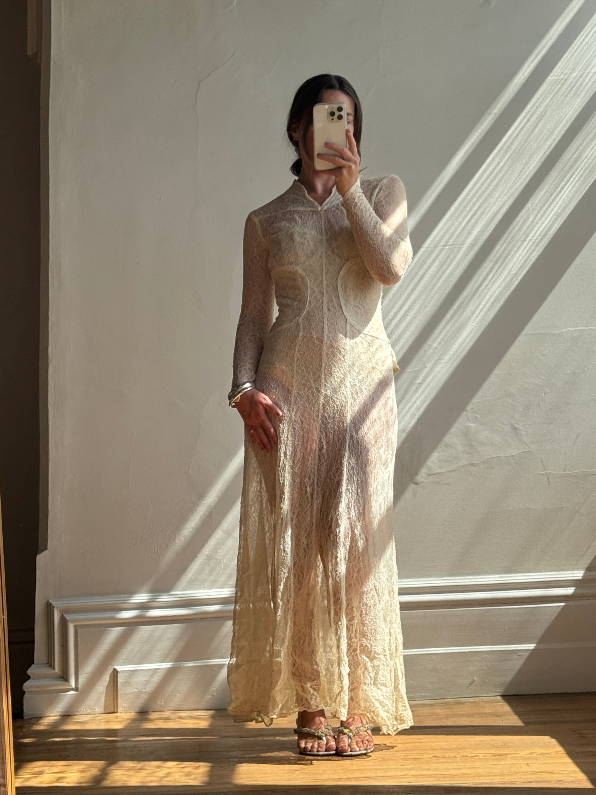 Vintage 20s Sheer Lace Bias Cut Wedding Gown