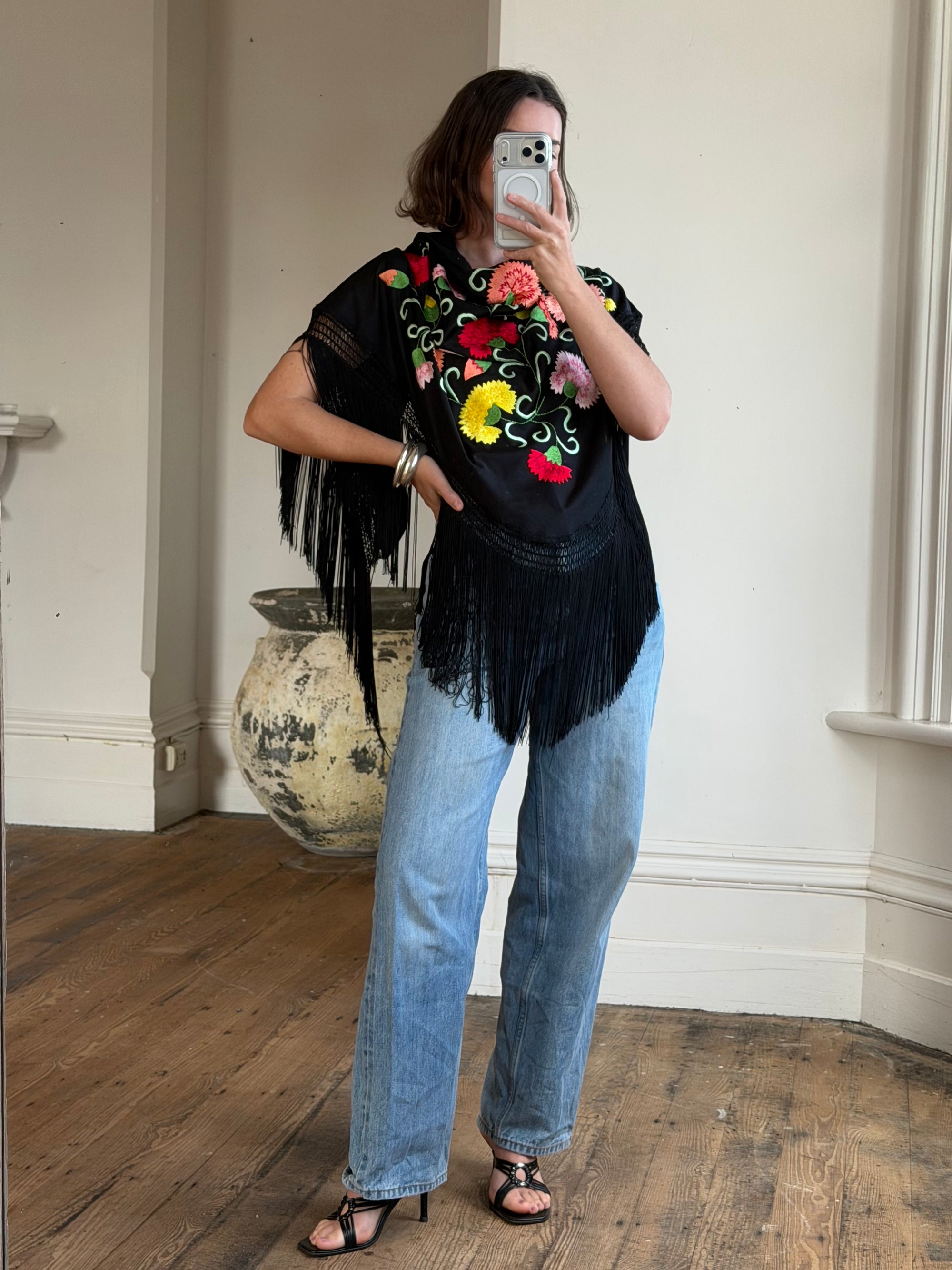 Vintage Embroidered Large Spanish Flamenco Scarf Noir