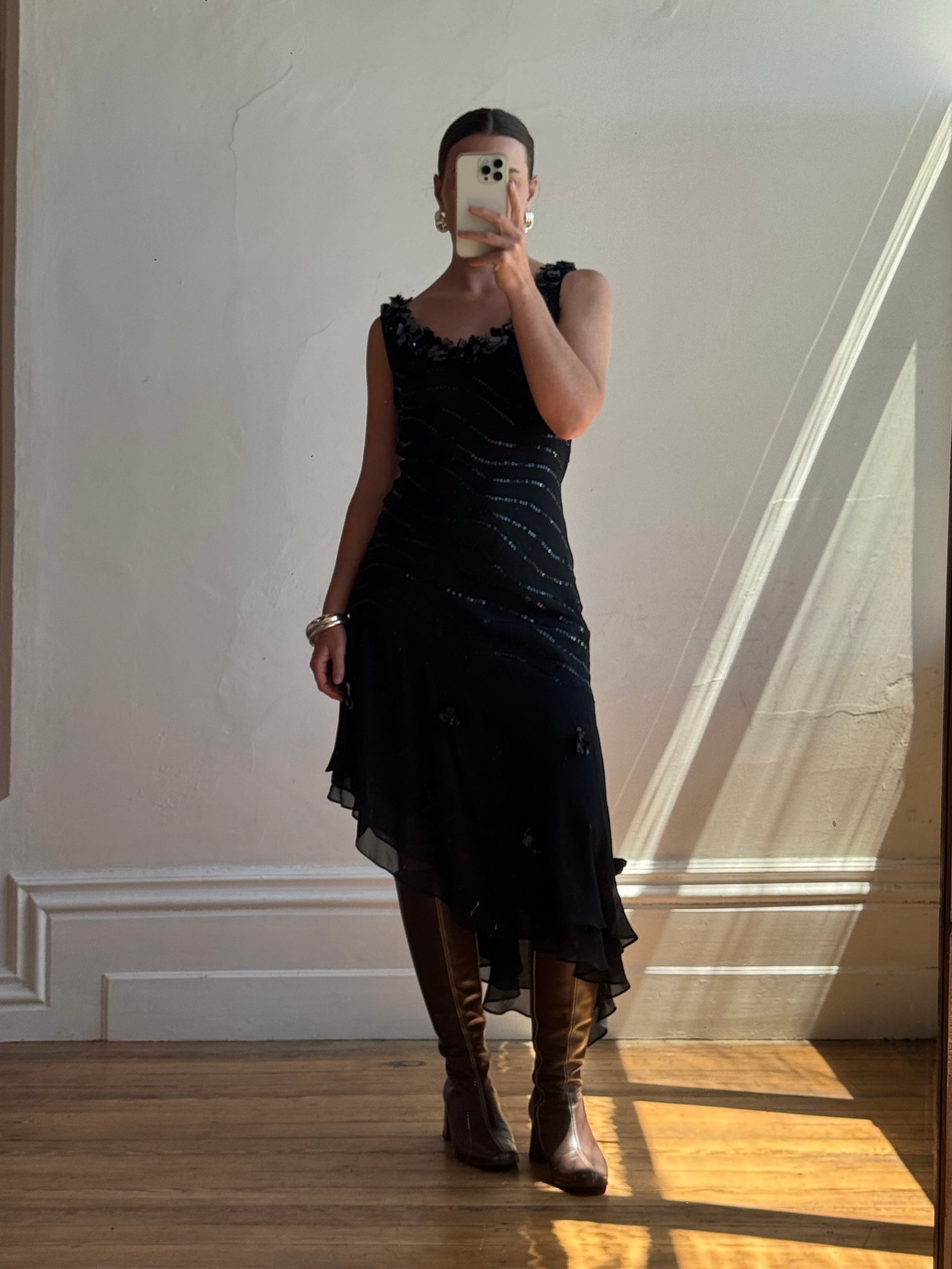 Vintage Y2K Pure Silk Sequin Fairy Dress Noir