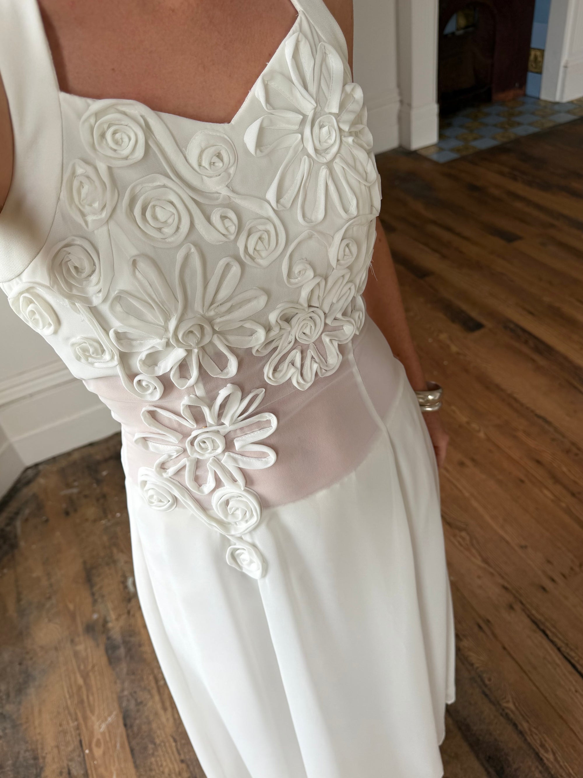 Vintage 90s Daisy Sheer Halter Midi Dress White