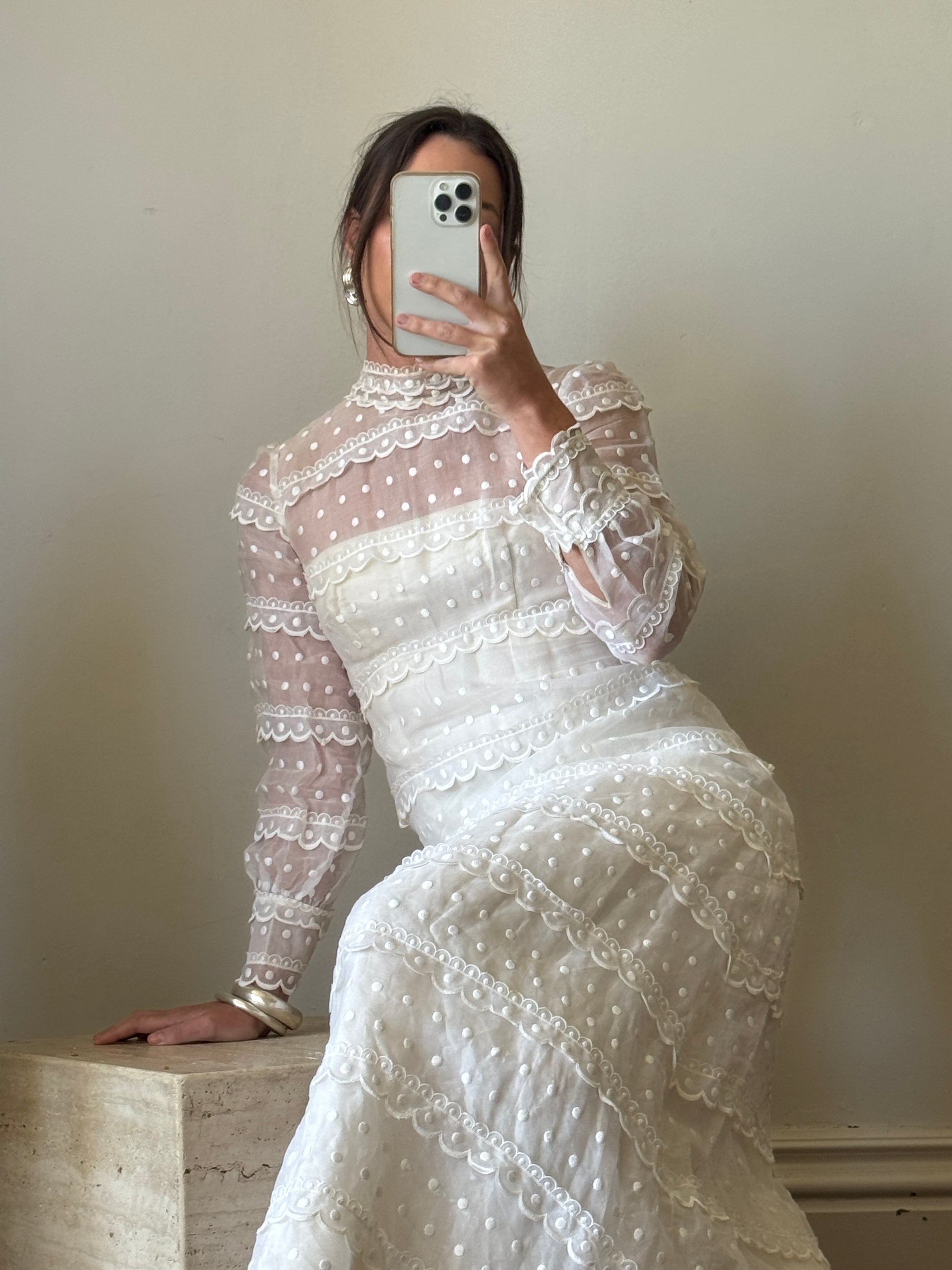 Vintage 60s Polka Dot Long Sleeved Wedding Dress Ivory