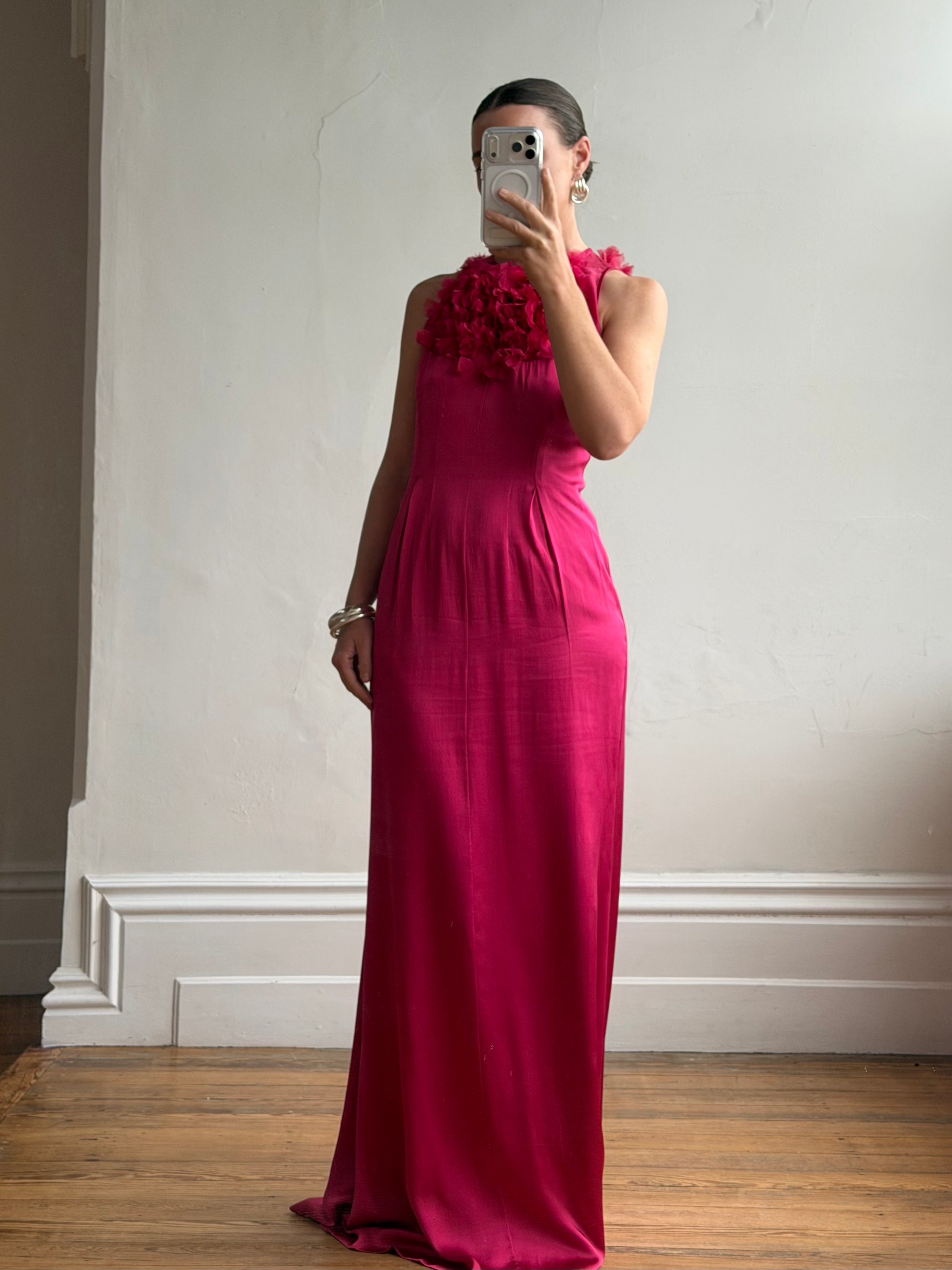 Vintage Valentino Pure Silk Organza Petal Gown Fuschia