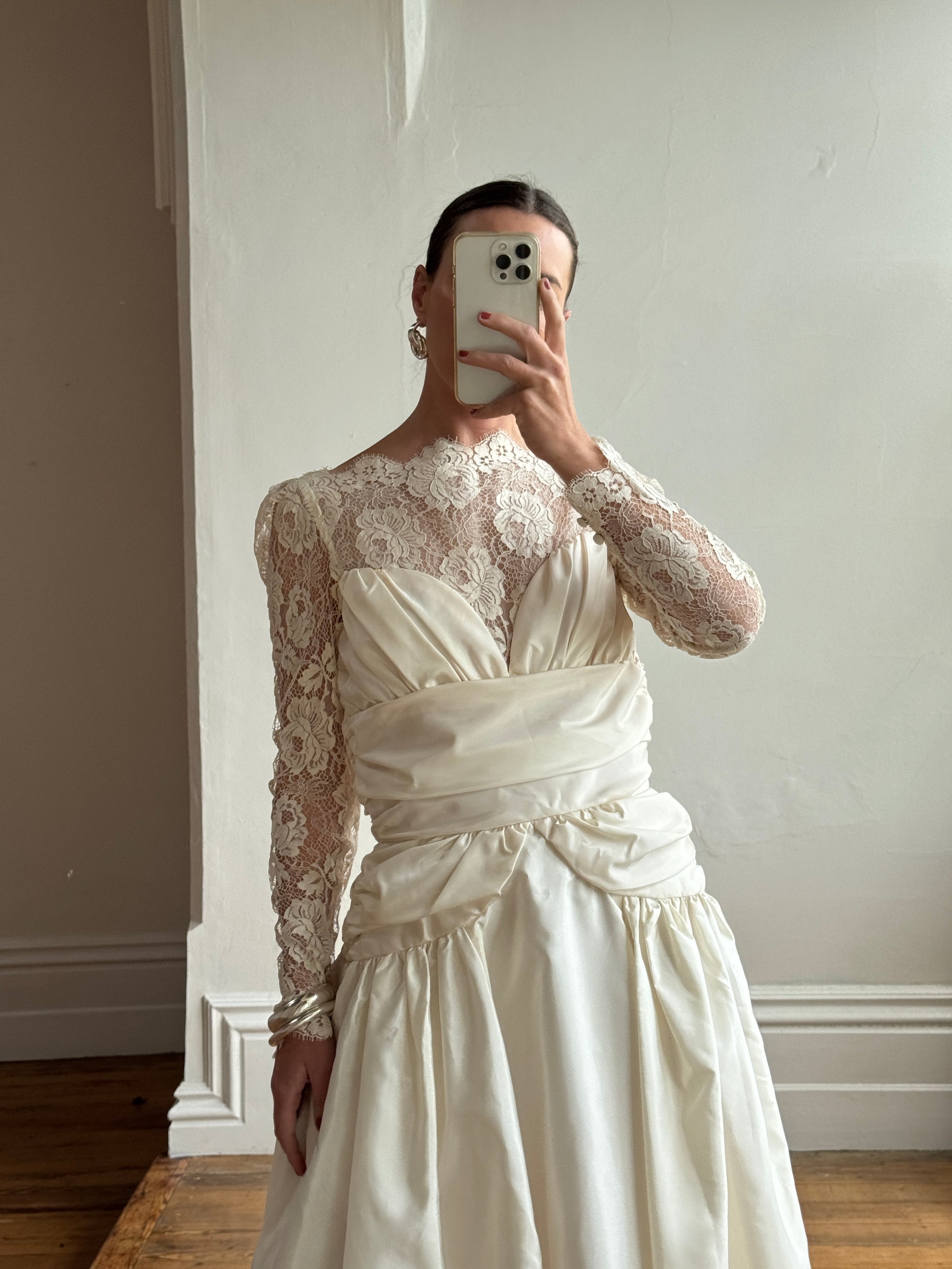 Vintage 80s Creme Taffeta Lace Midi Dress