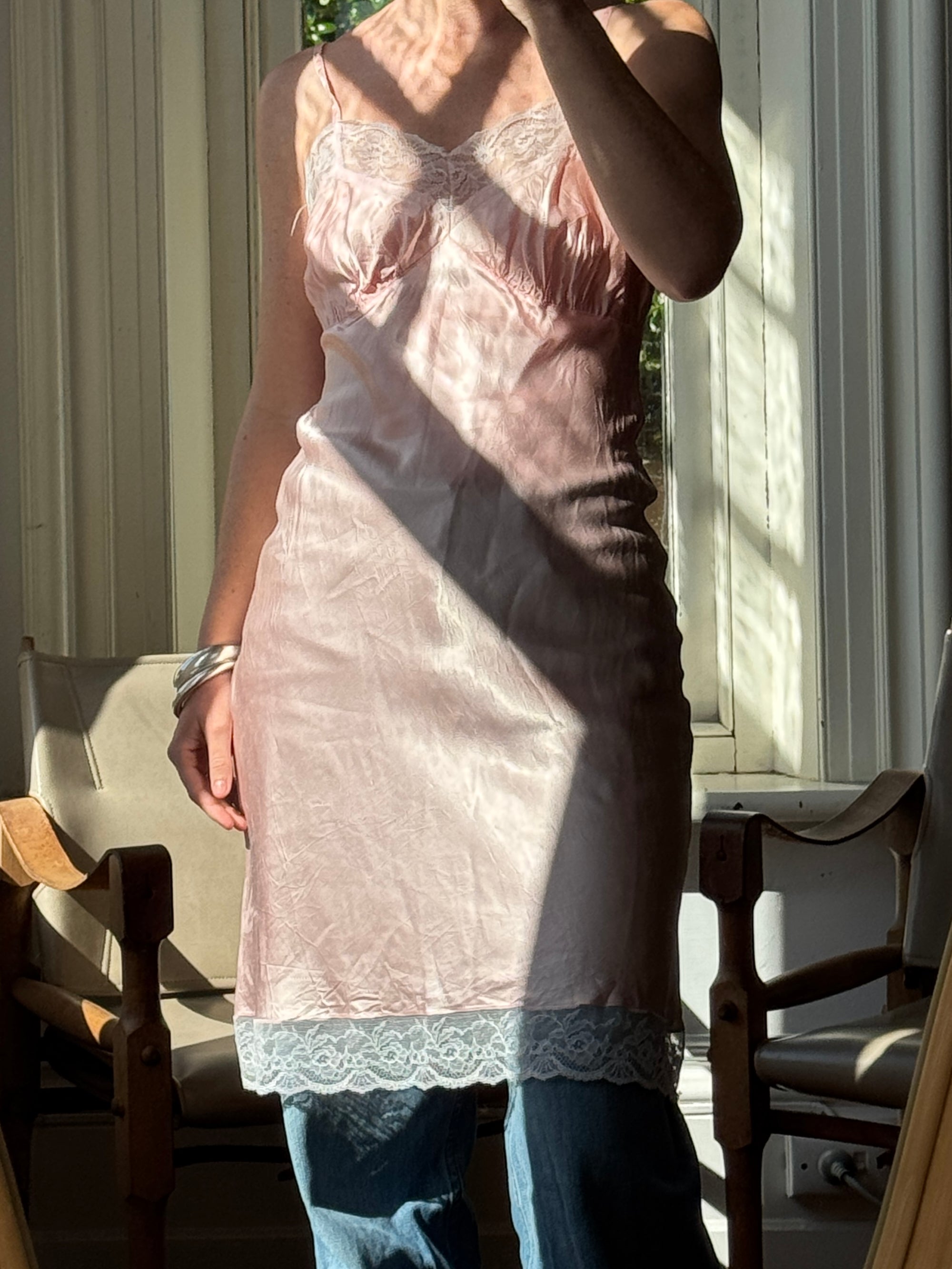 Vintage 50s Liquid Satin Slip Pink Dress Creme Lace