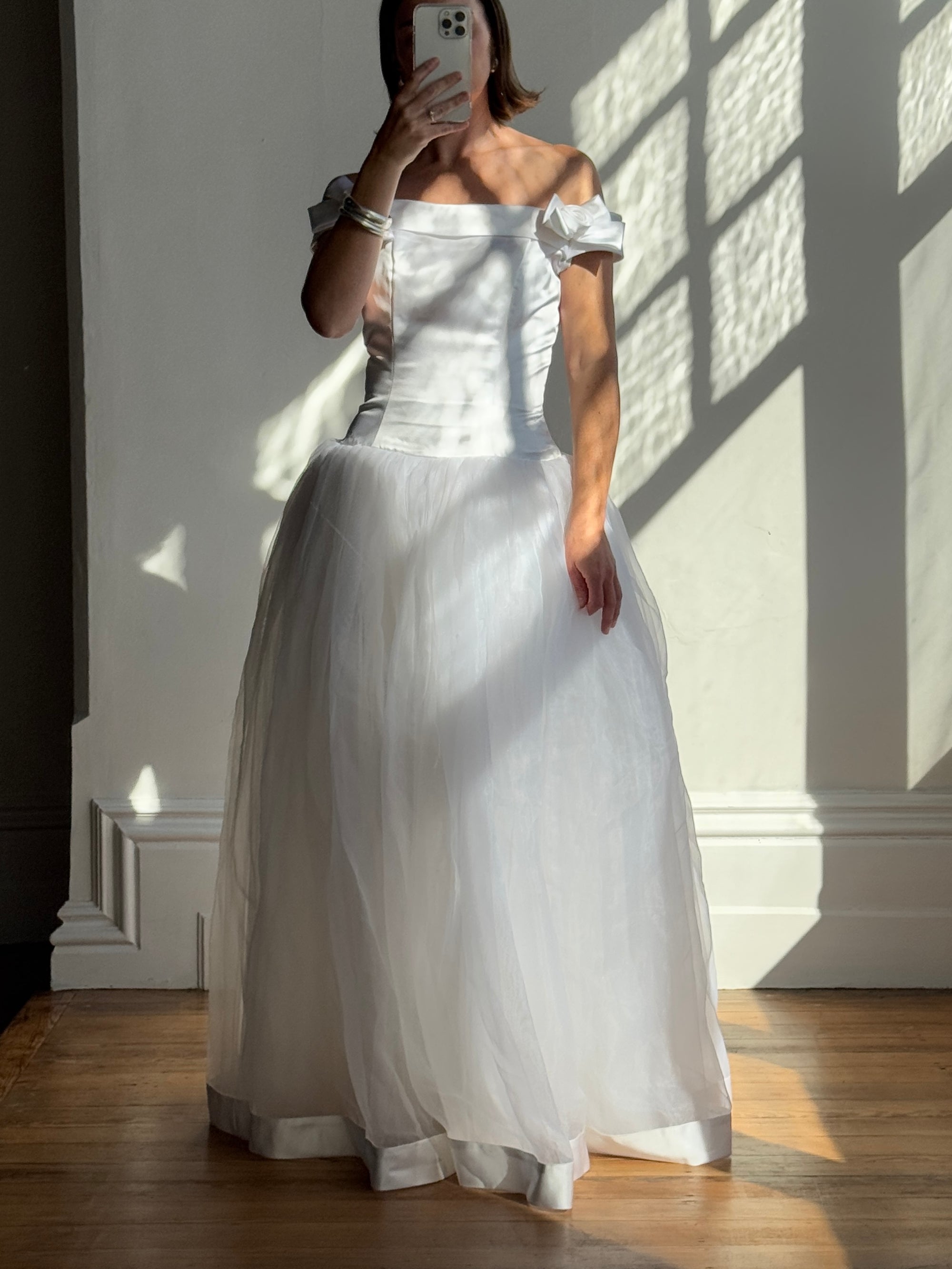 Vintage Y2K Satin Drop Waist Tulle Wedding Dress With Bows
