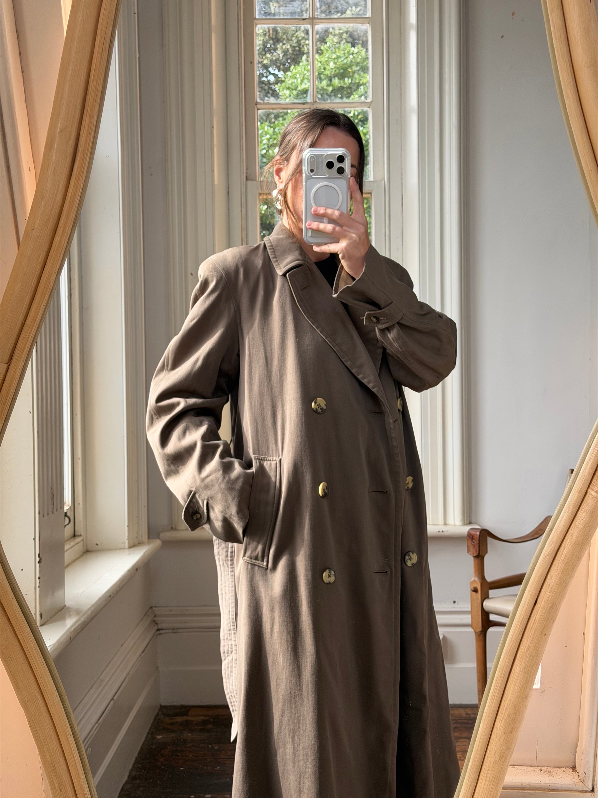 Vintage 70s Showerproof Double Breasted Trench Coat Olive