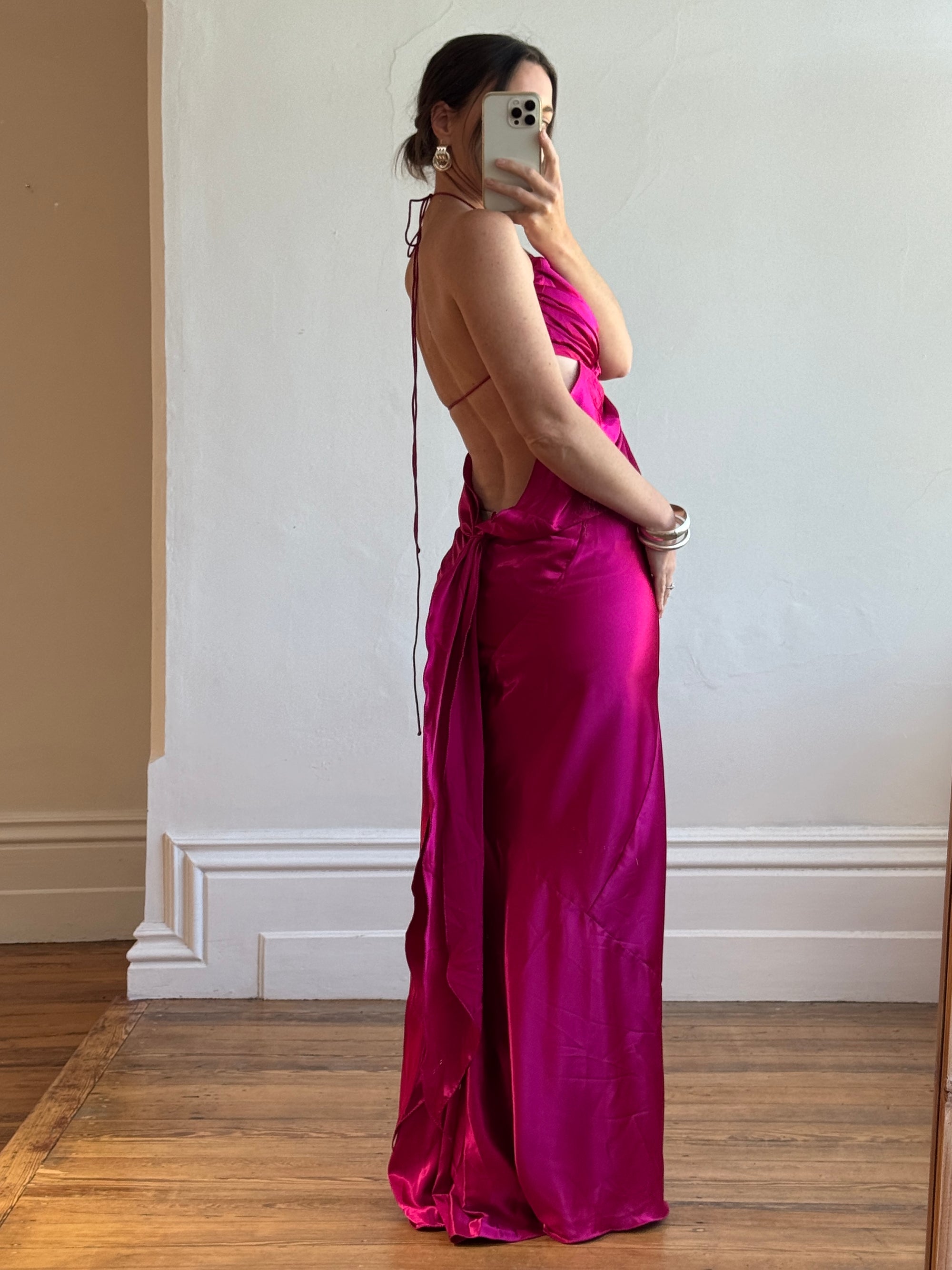 Vintage 90s Butterfly Fuchsia Silk Maxi Dress