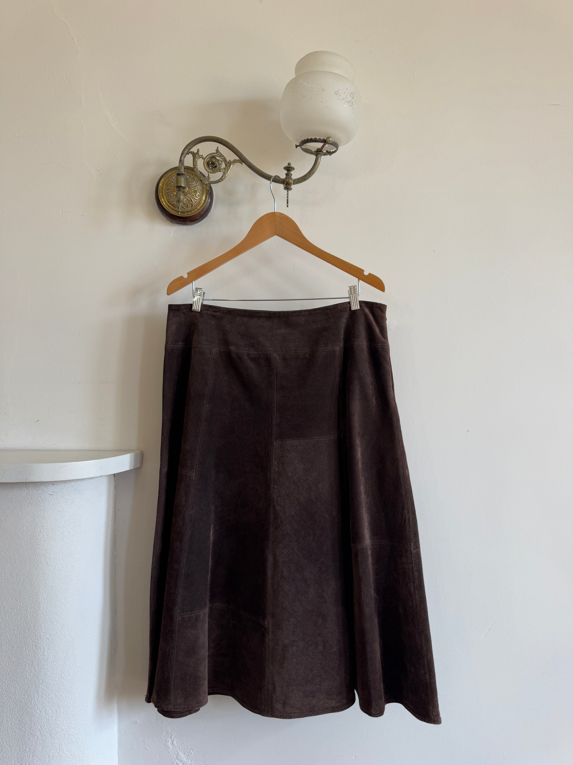 Vintage 90s Chocolate Patchwork Suede Leather Skirt