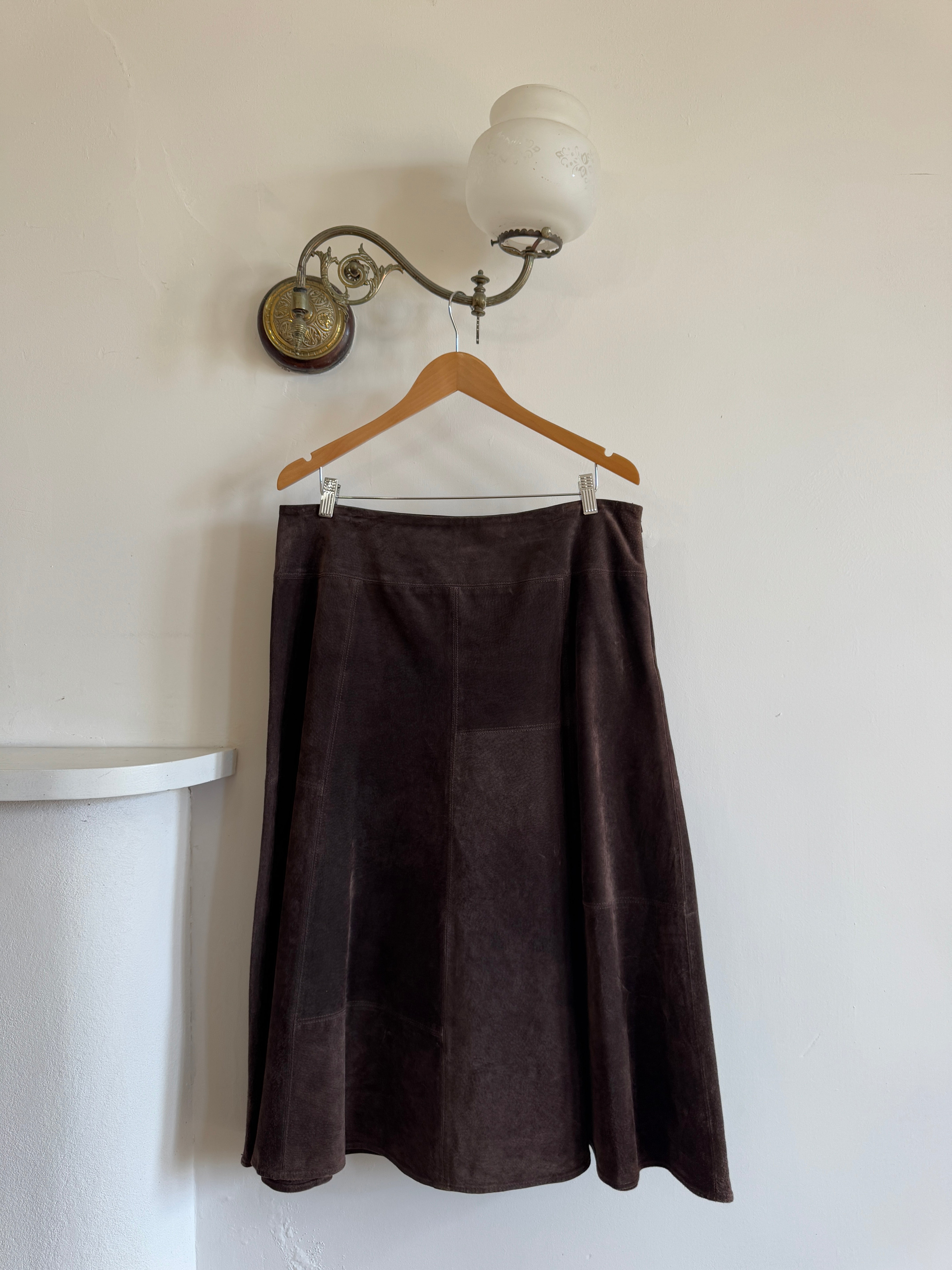 Vintage 90s Chocolate Patchwork Suede Leather Skirt