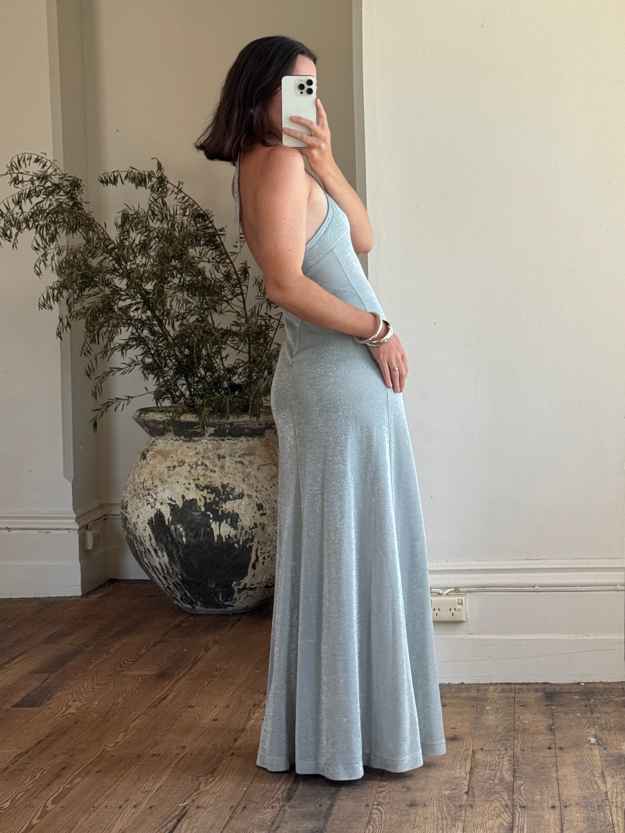 Vintage 70s Lurex Ice Blue Halter Maxi Dress