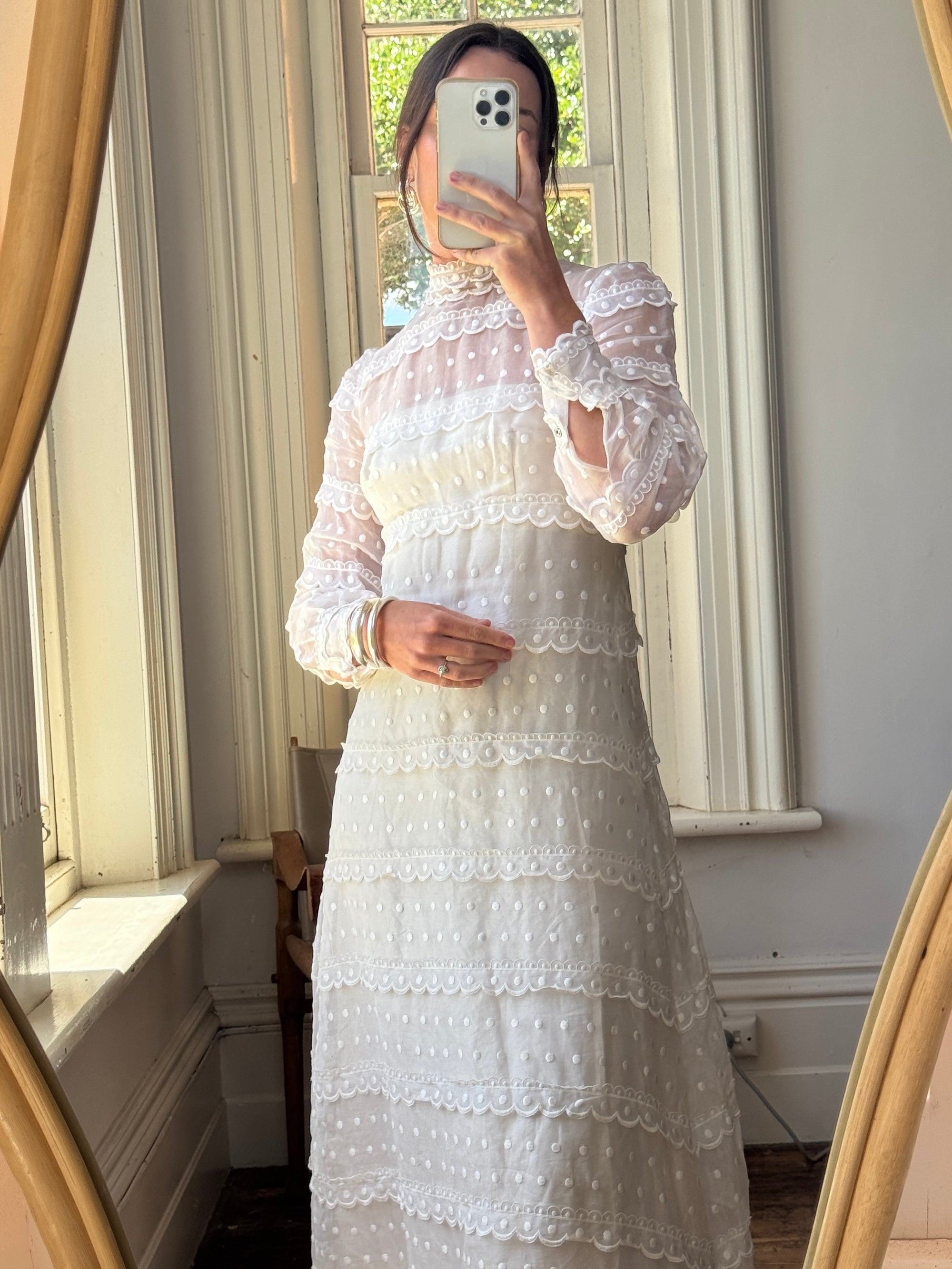 Vintage 60s Polka Dot Long Sleeved Wedding Dress Ivory