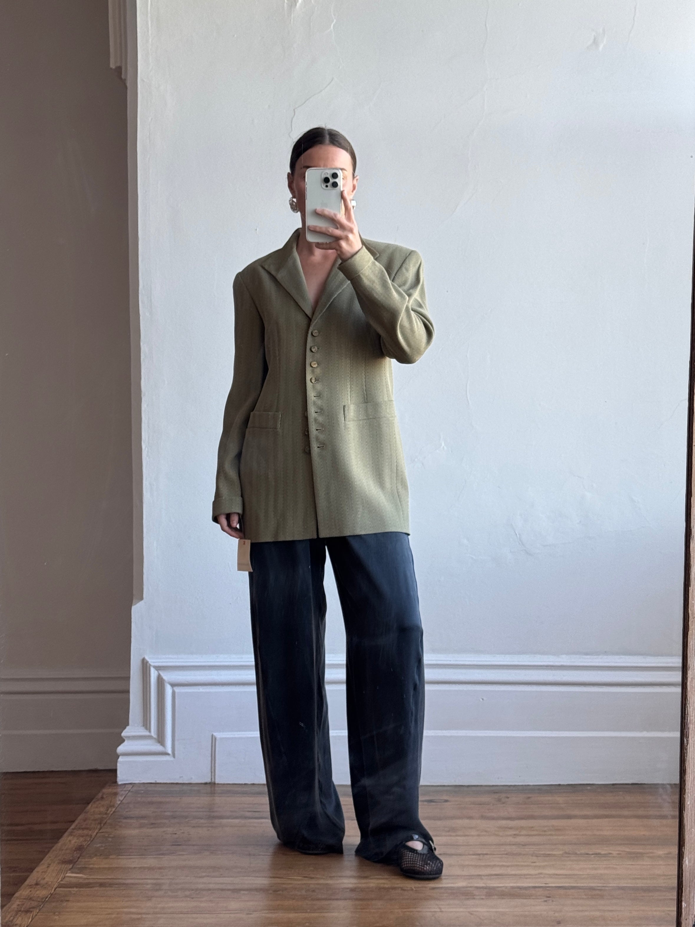 Vintage 90s Estate Olive Herringbone Wool Tailored Blazer