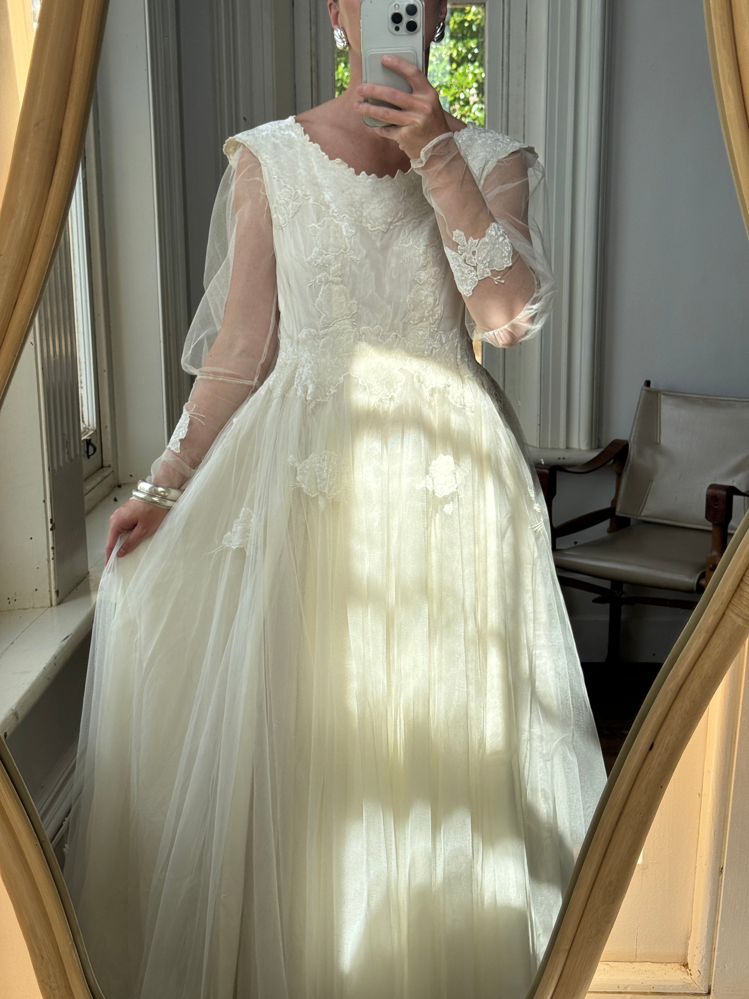 Vintage 70s Tulle and Velvet Long Sleeved Wedding Dress