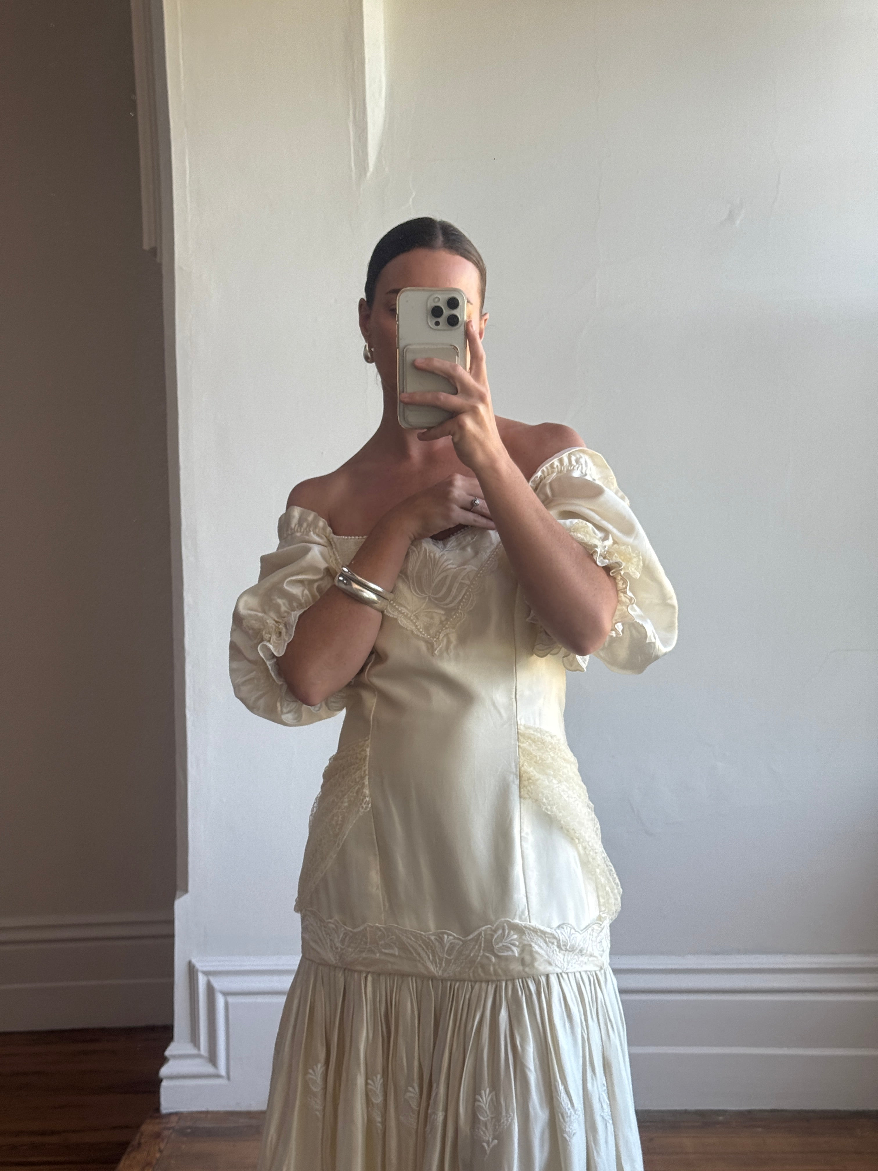 Vintage 80s Drop Waist Satin Jacquard Wedding Dress