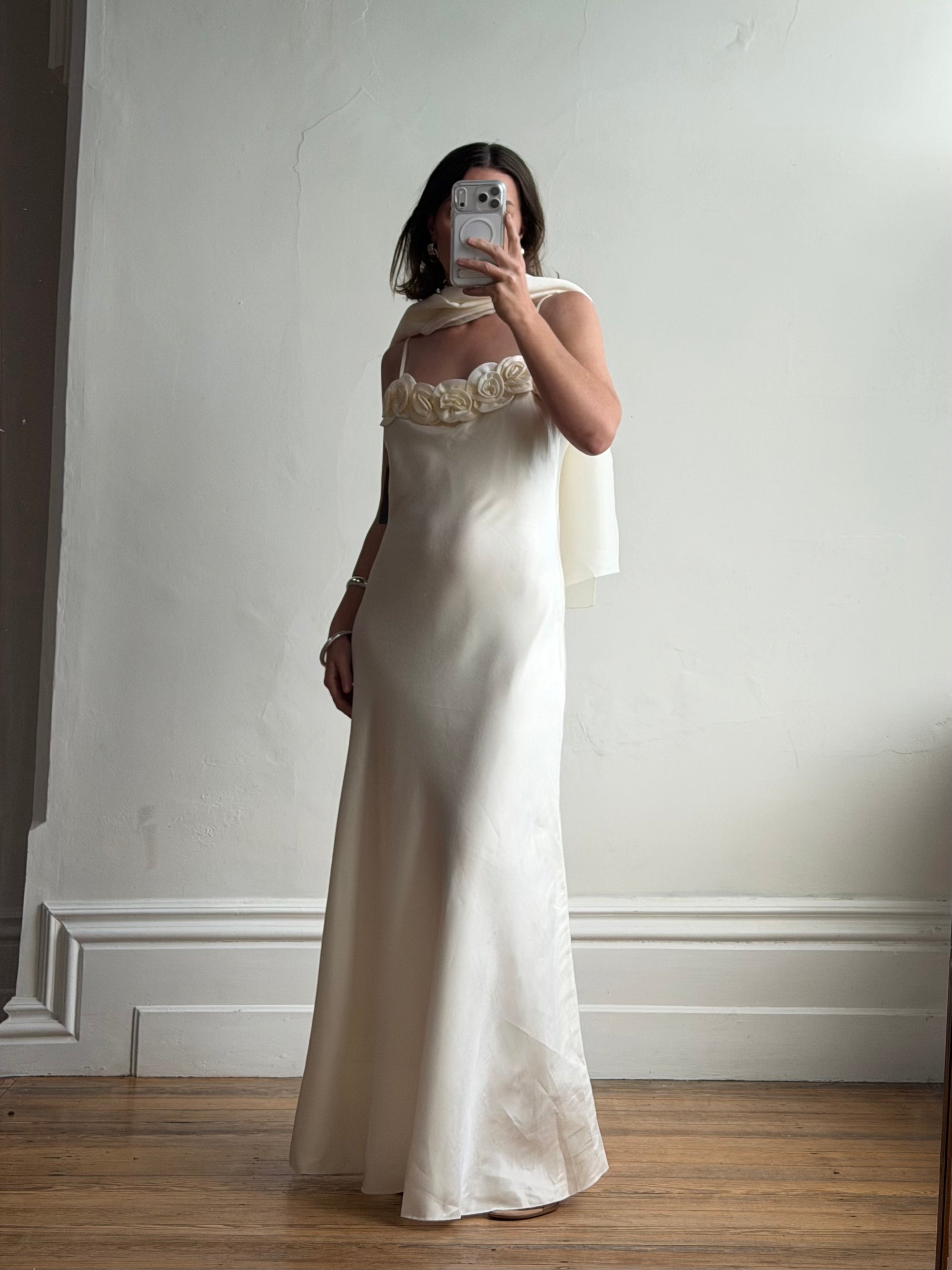 Vintage Y2K Rosette Bridal Slip Dress Champagne Satin
