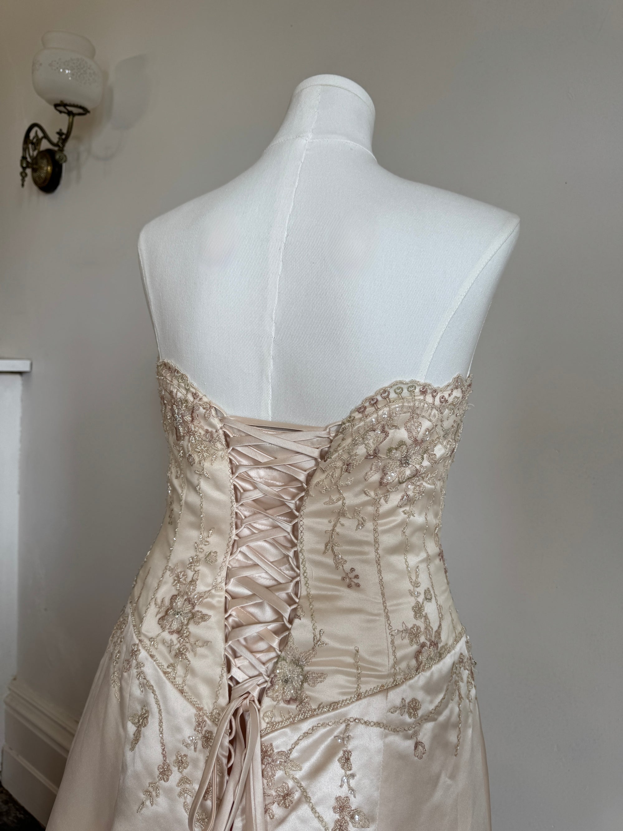 Vintage 90s Rose Crystal Encrusted Strapless Wedding Gown
