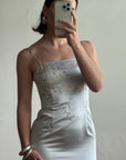 Vintage 90s Baby Blue Satin Embroidered Floral Column Midi
