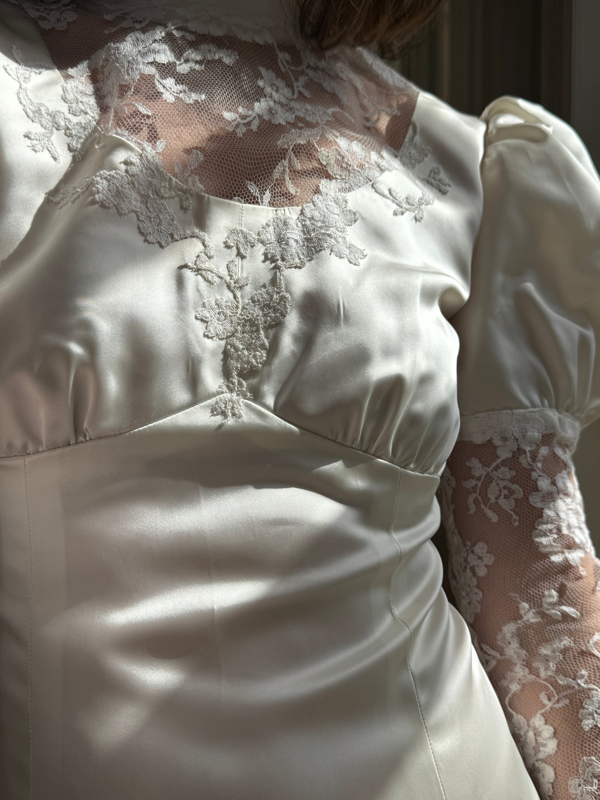 Vintage 80s Satin A-Line Wedding Gown with Puff Sleeves