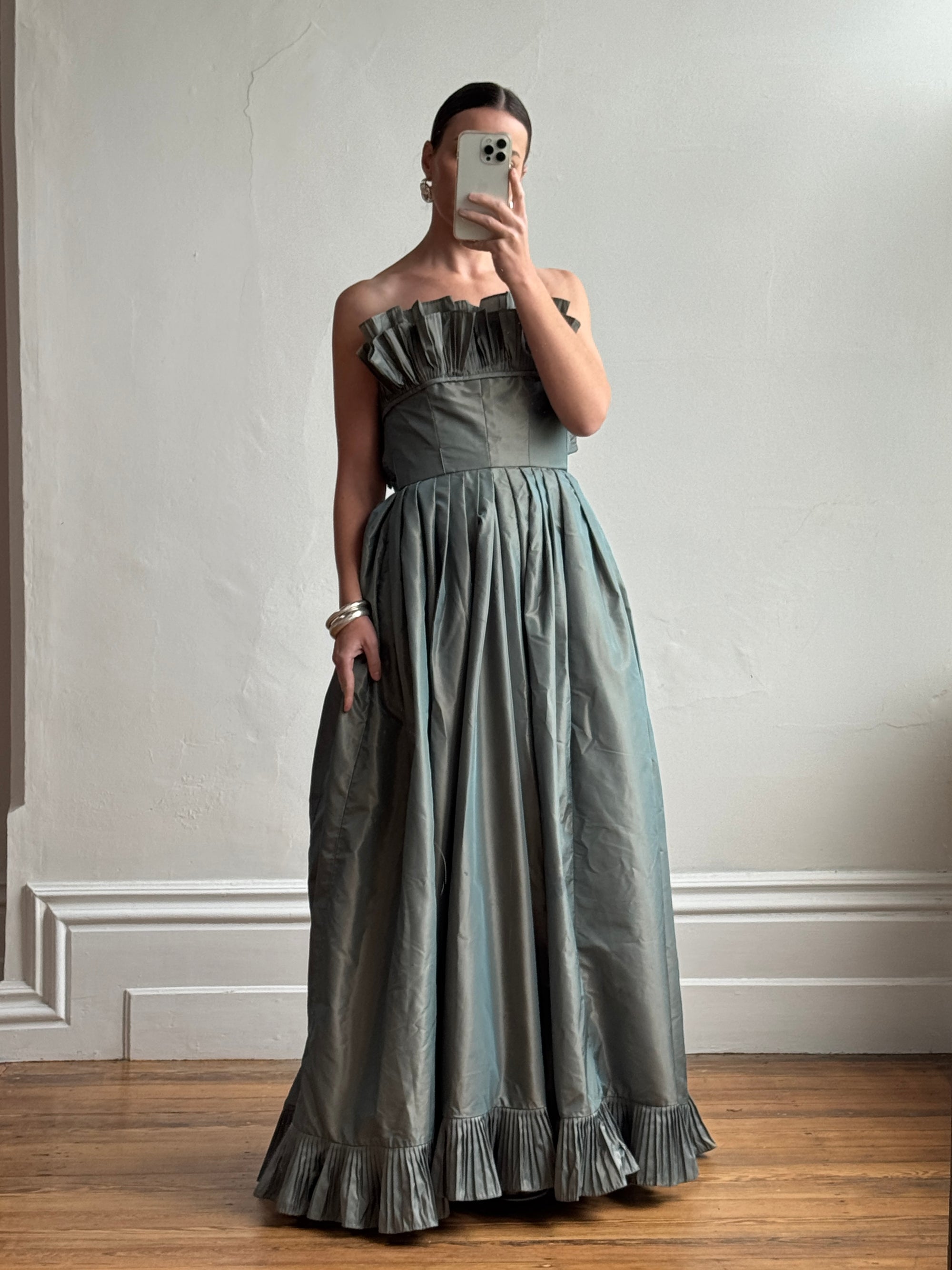 Vintage 80s Taffeta Pleated Strapless Gown Slate