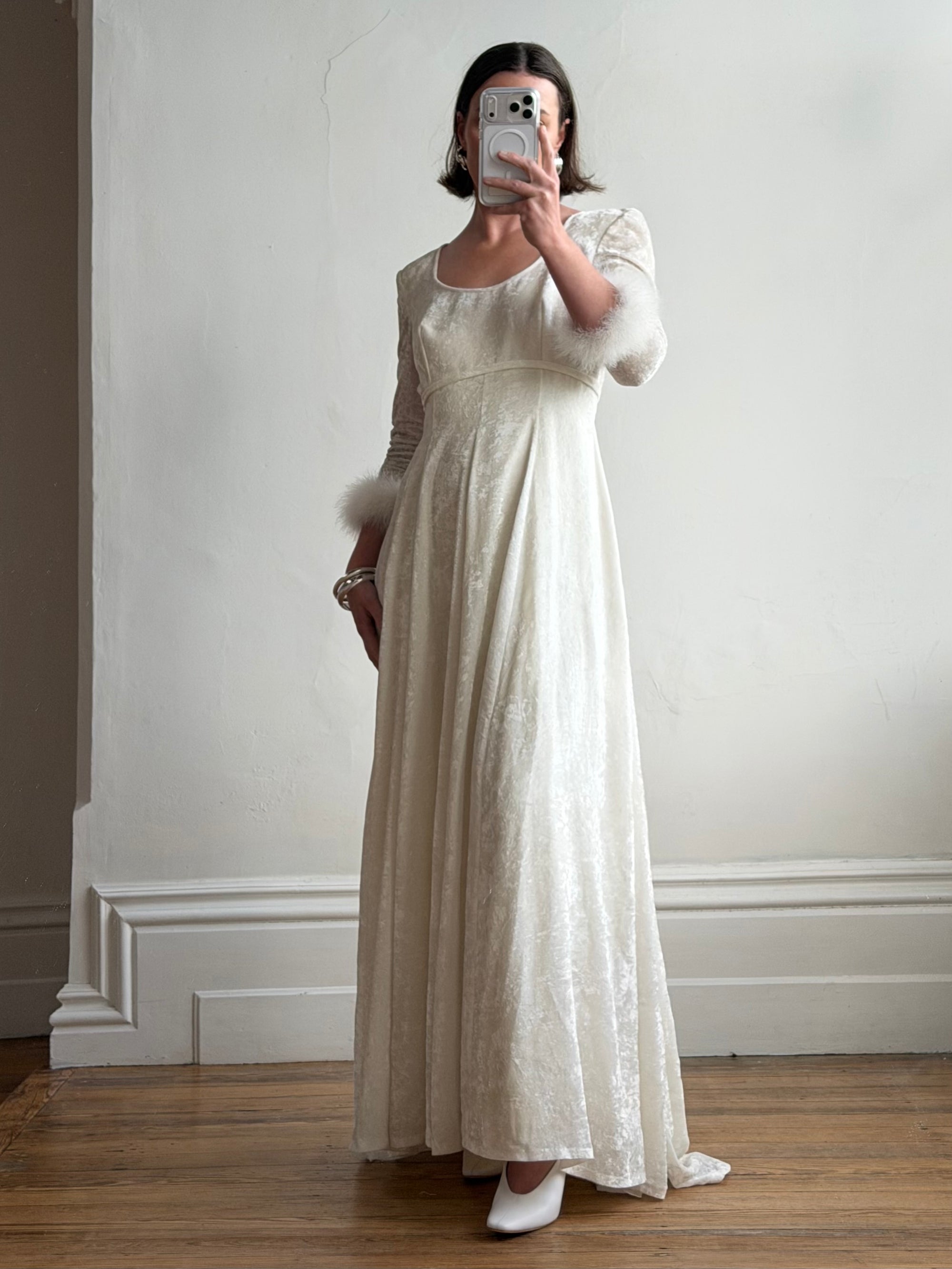 Vintage 90s Italian Velvet Long Sleeve Feather Wedding Gown
