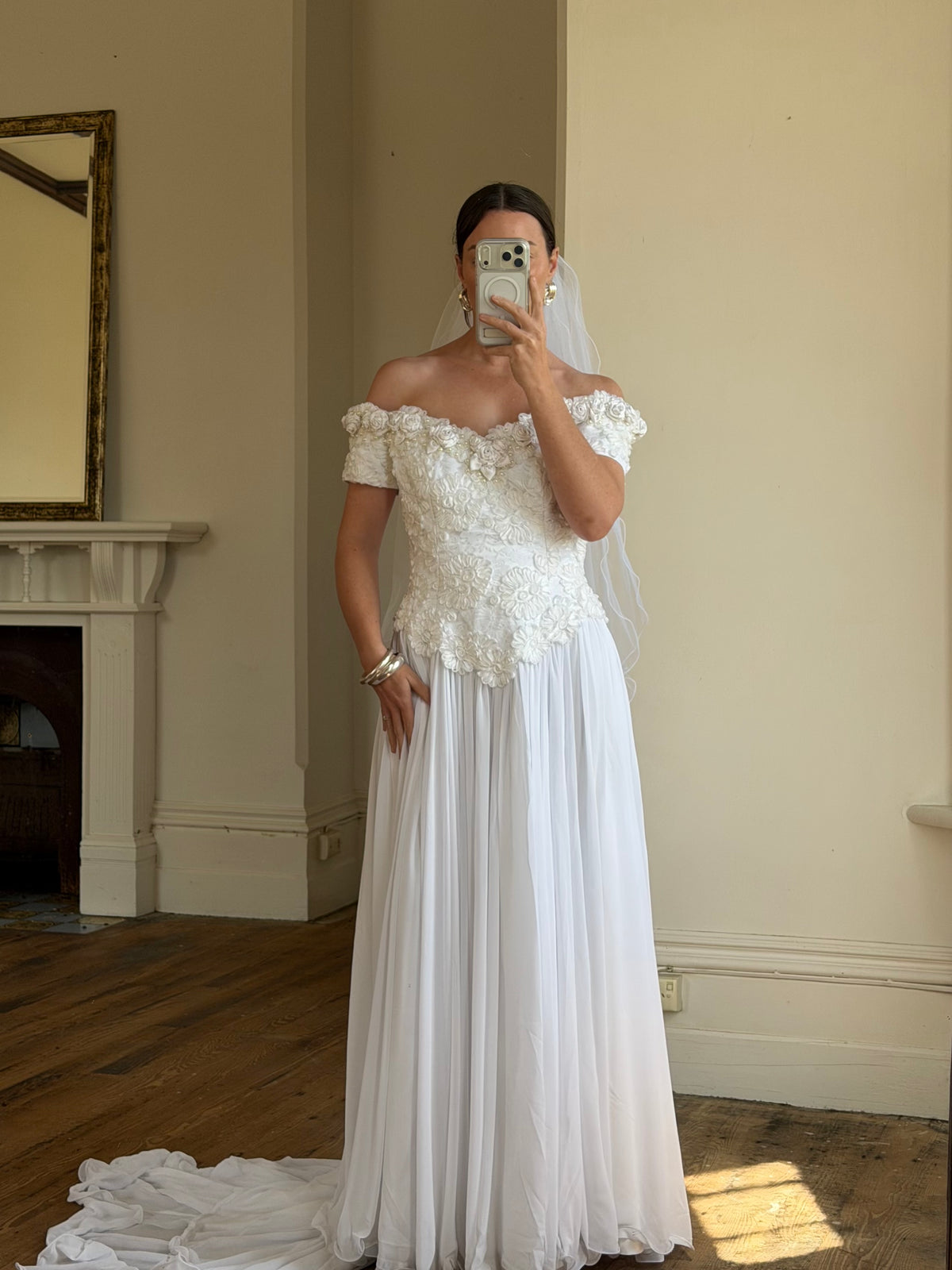 Vintage 80s 3D Floral Off Shoulder Bridal Gown and Veil