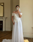 Vintage 80s 3D Floral Off Shoulder Bridal Gown and Veil