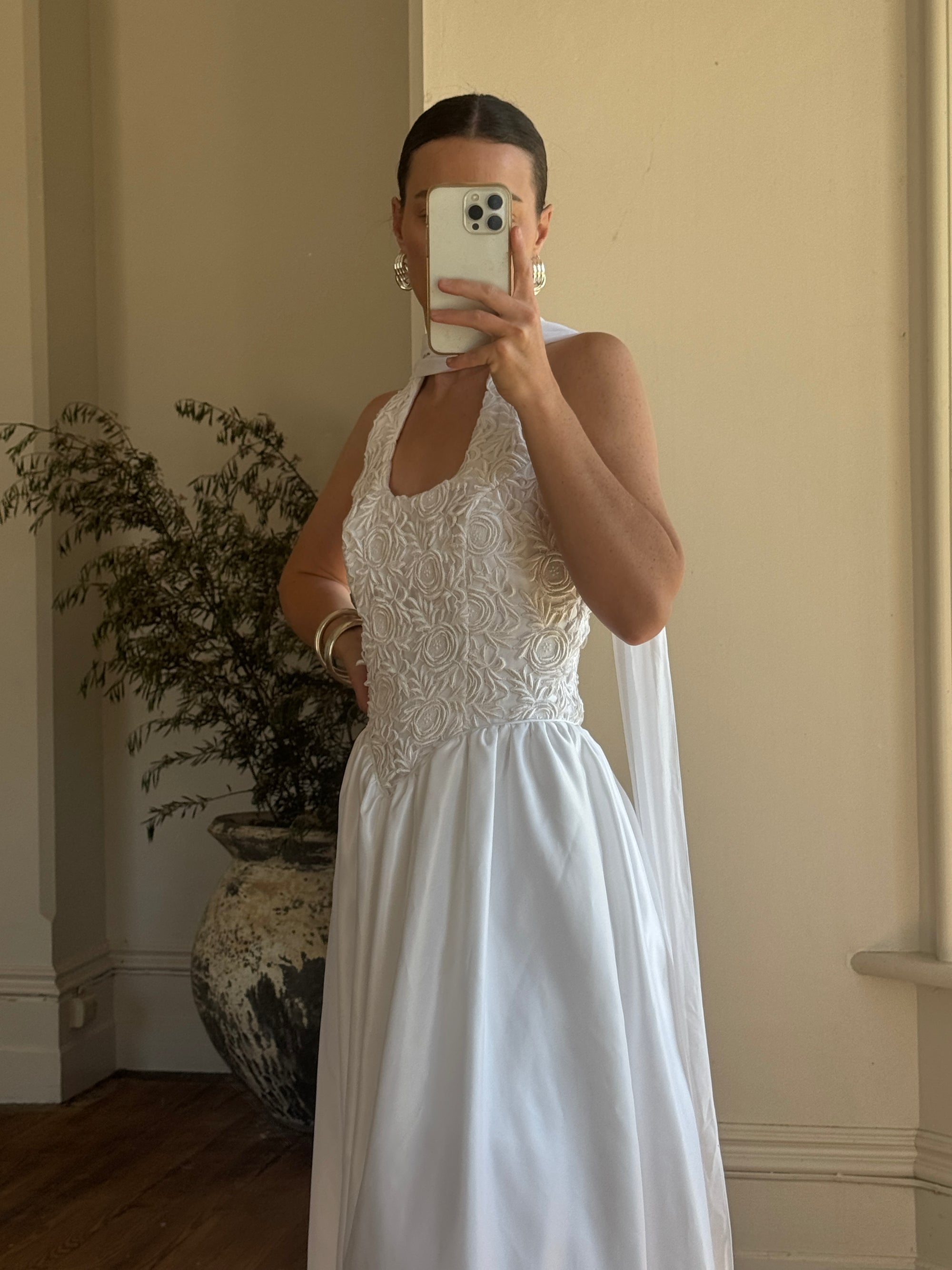 Vintage 90s Australian Made Lace Halter Satin Wedding Dress