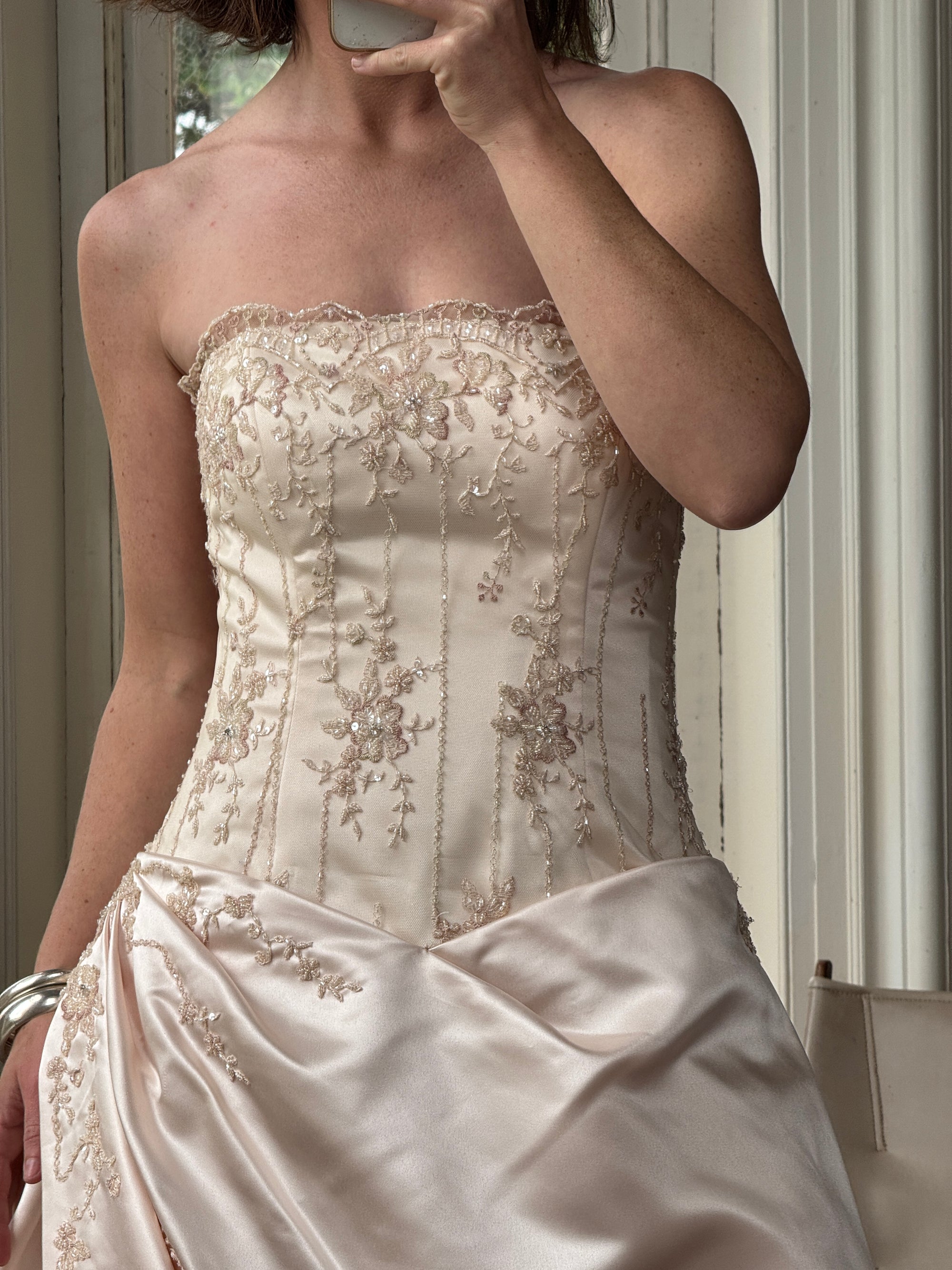 Vintage 90s Rose Crystal Encrusted Strapless Wedding Gown