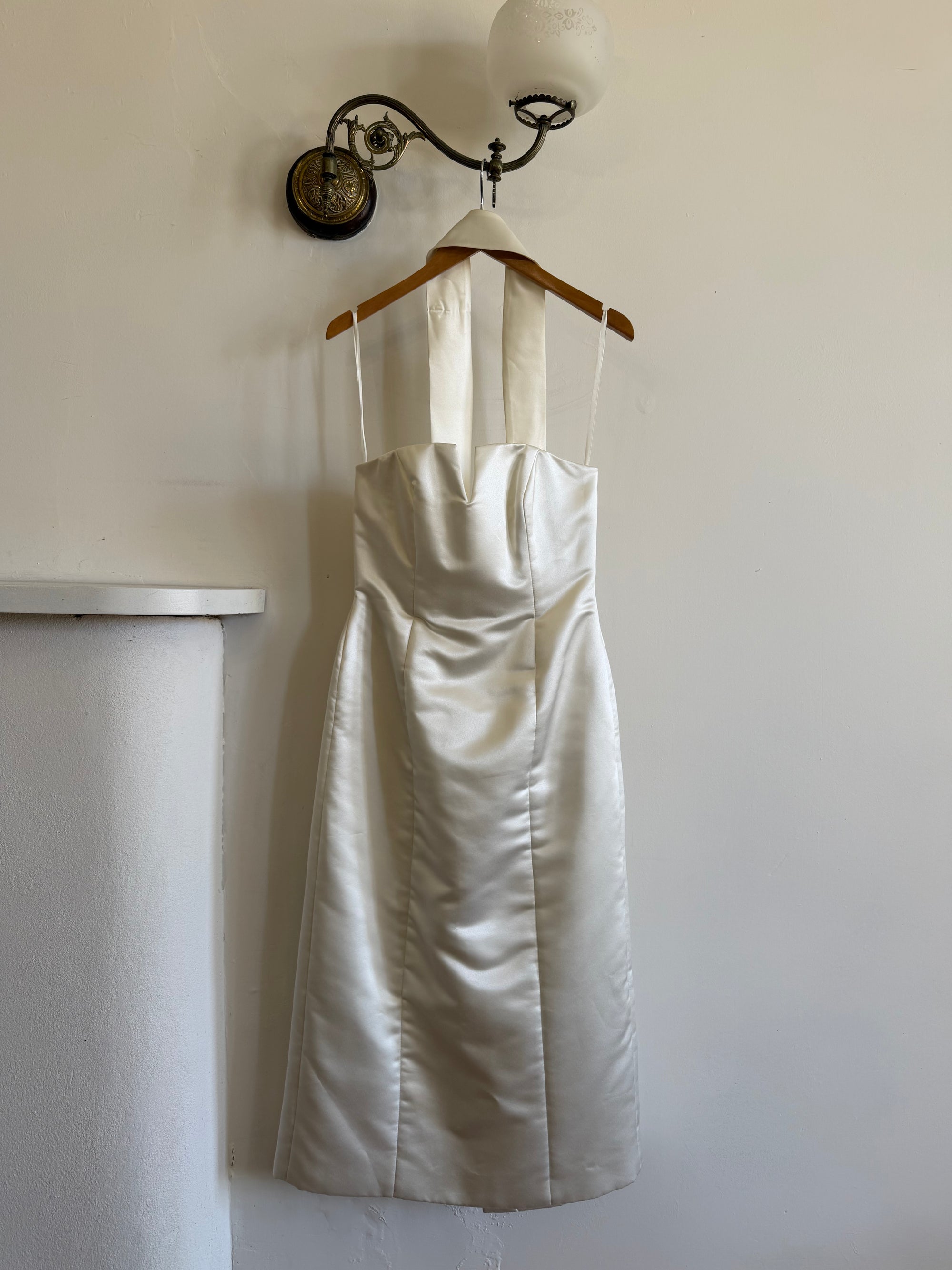 Vintage 90s Satin Strapless Bridal Midi With Neck Tie