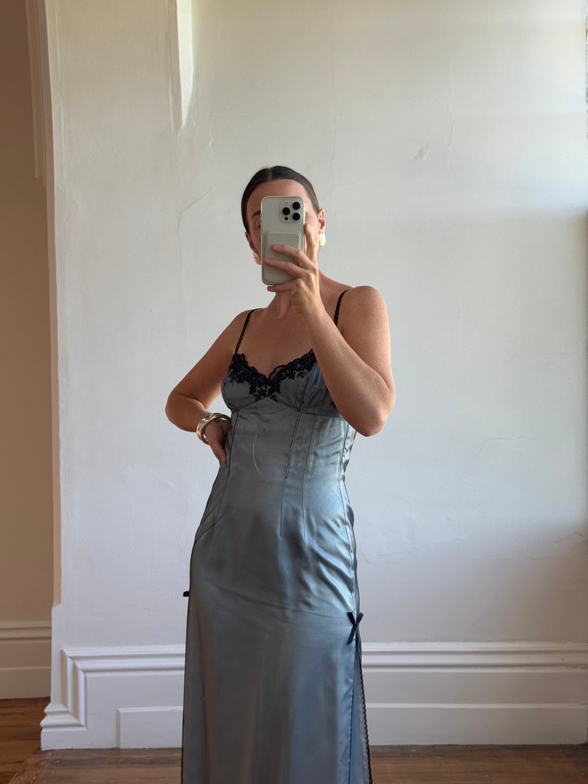 Vintage 90s Mesh Strappy Slip Dress Blue Satin Noir
