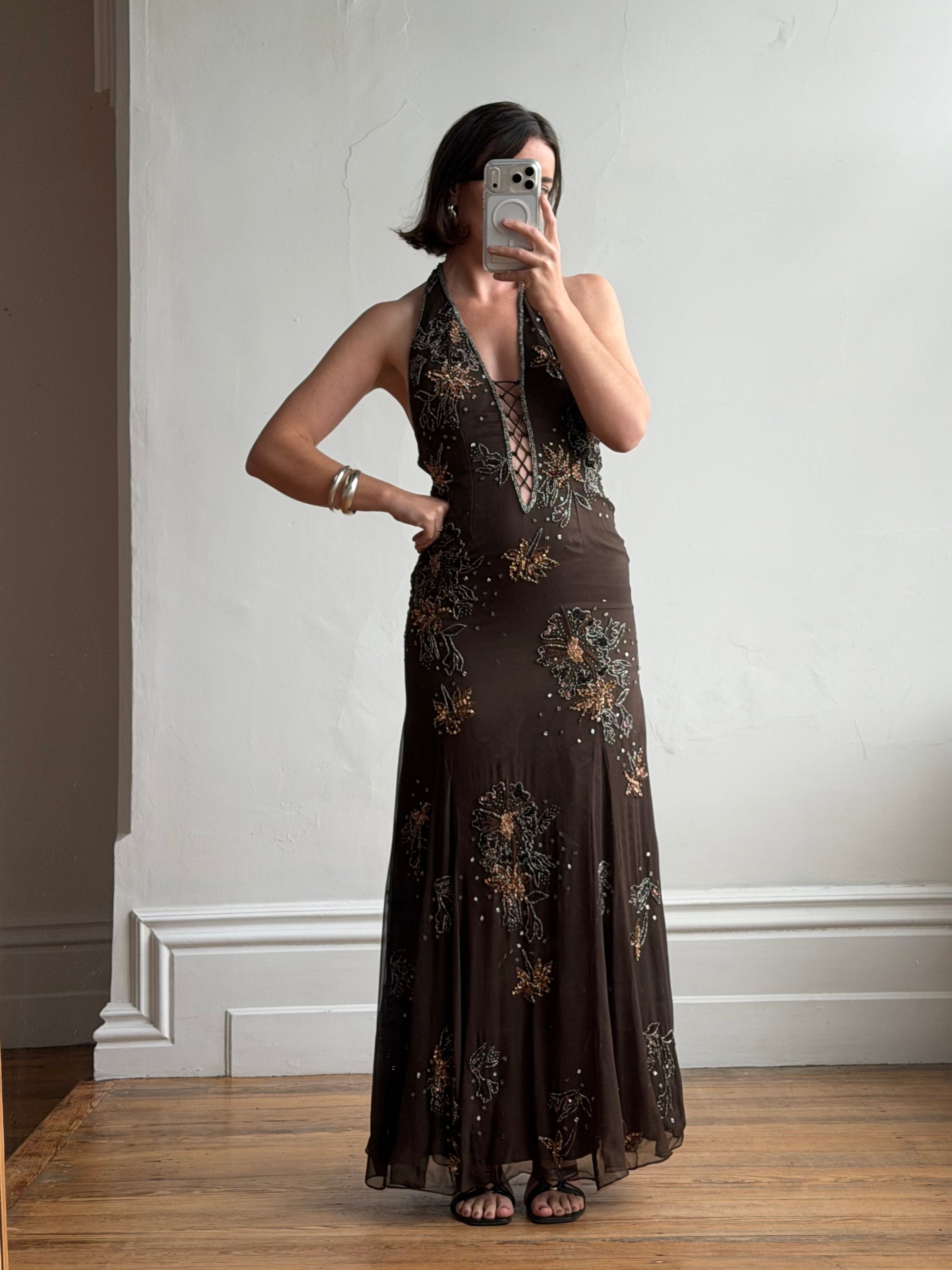 Vintage 90s Pure Silk Beaded Lace Up Dress Chocolate