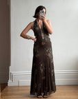 Vintage 90s Pure Silk Beaded Lace Up Dress Chocolate