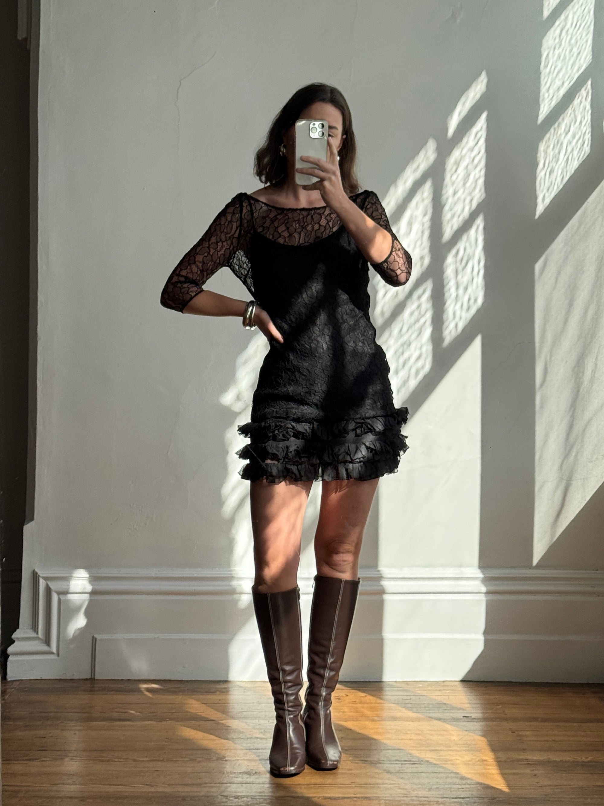 Archival Y2K Lace Ruffle Mini Dress Noir