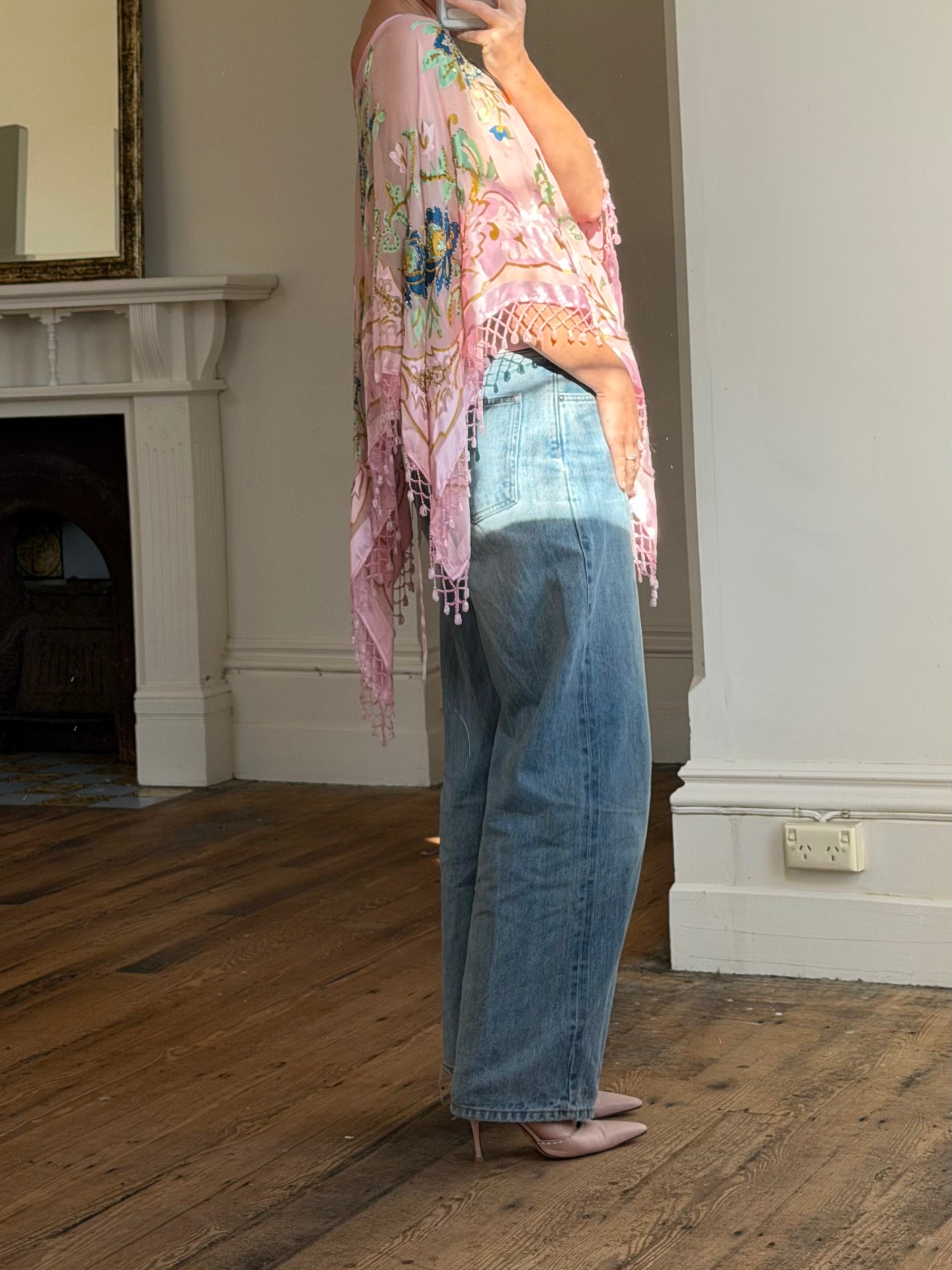 Vintage 90s Pink Floral Beaded Fringe Poncho