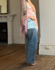 Vintage 90s Pink Floral Beaded Fringe Poncho