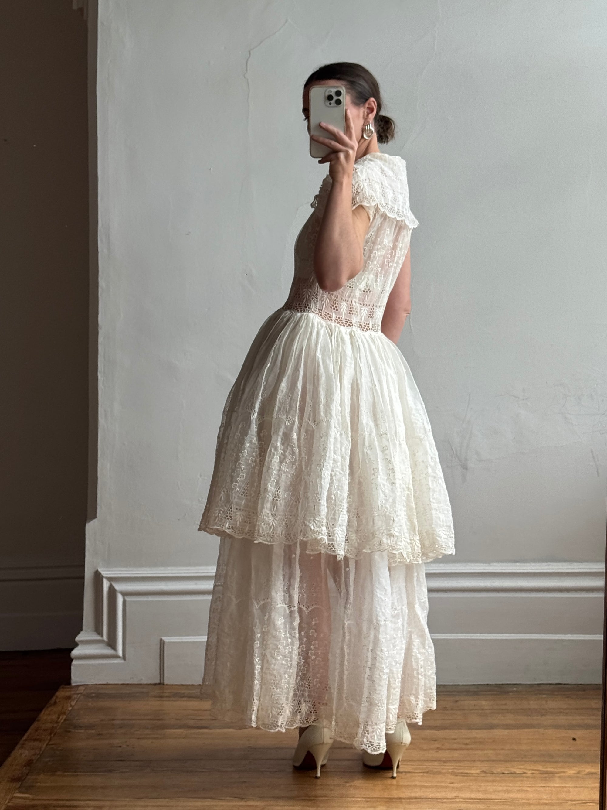 Vintage 50s Sheer Brodiere Anglaise Tiered Wedding Dress