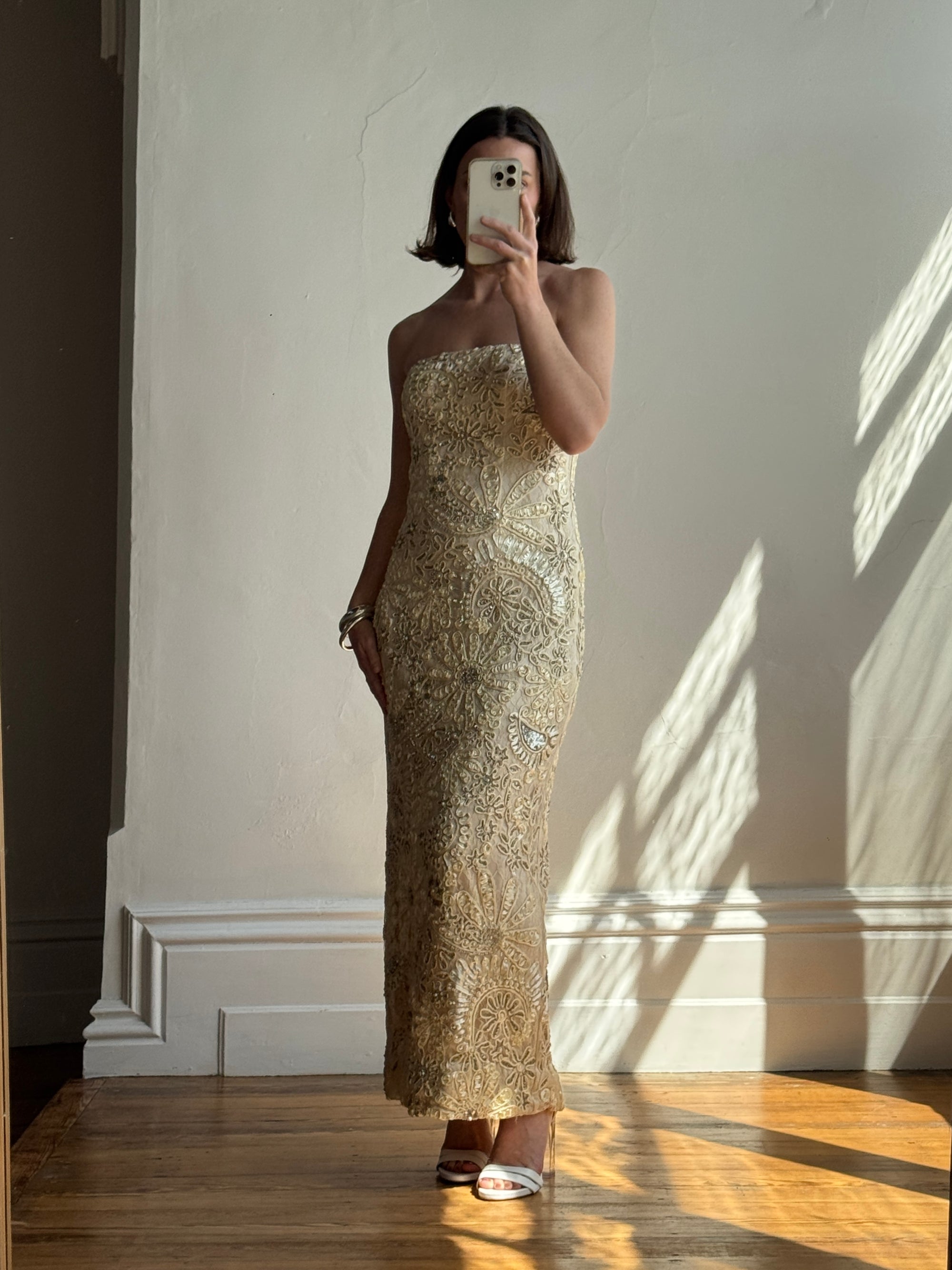 Vintage 90s Strapless Cream Ribbon Bead Embroidered Midi